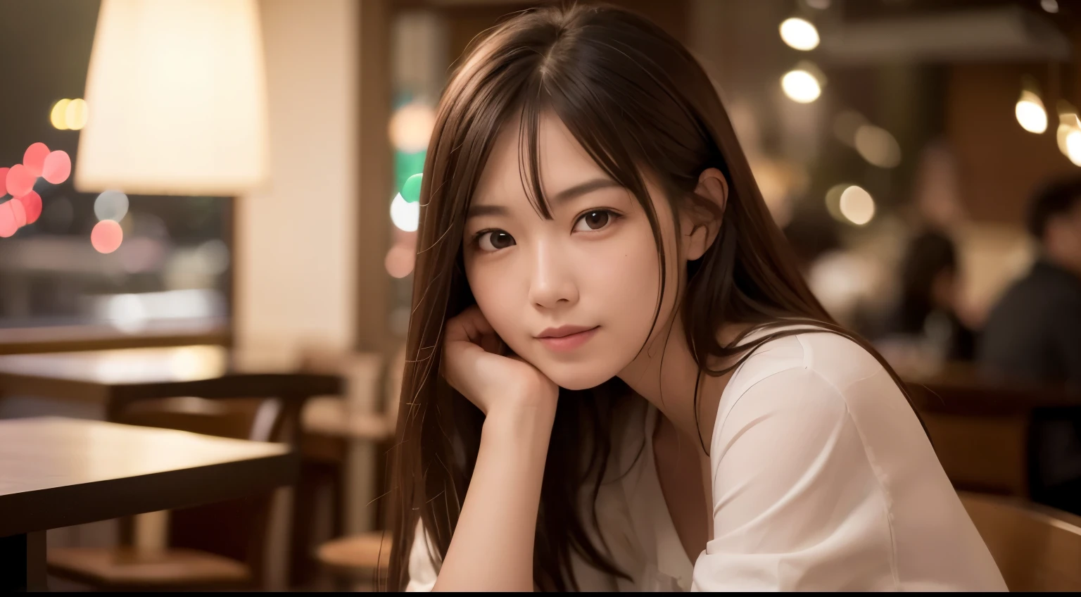 (Best Quality,4K,8K,hight resolution,masutepiece:1.2),Ultra-detailed,(Realistic,photoRealistic,photo-Realistic:1.37),Christmas,Night Coffee Shop,Inside the coffee shop,Window seat、young woman sitting at the table,Wearing stylish outfits,Looking at me with a smile,Waiting for someone,At a crowded coffee shop in the middle of the night,Ambient lighting,tables and chairs,Coffee Cup