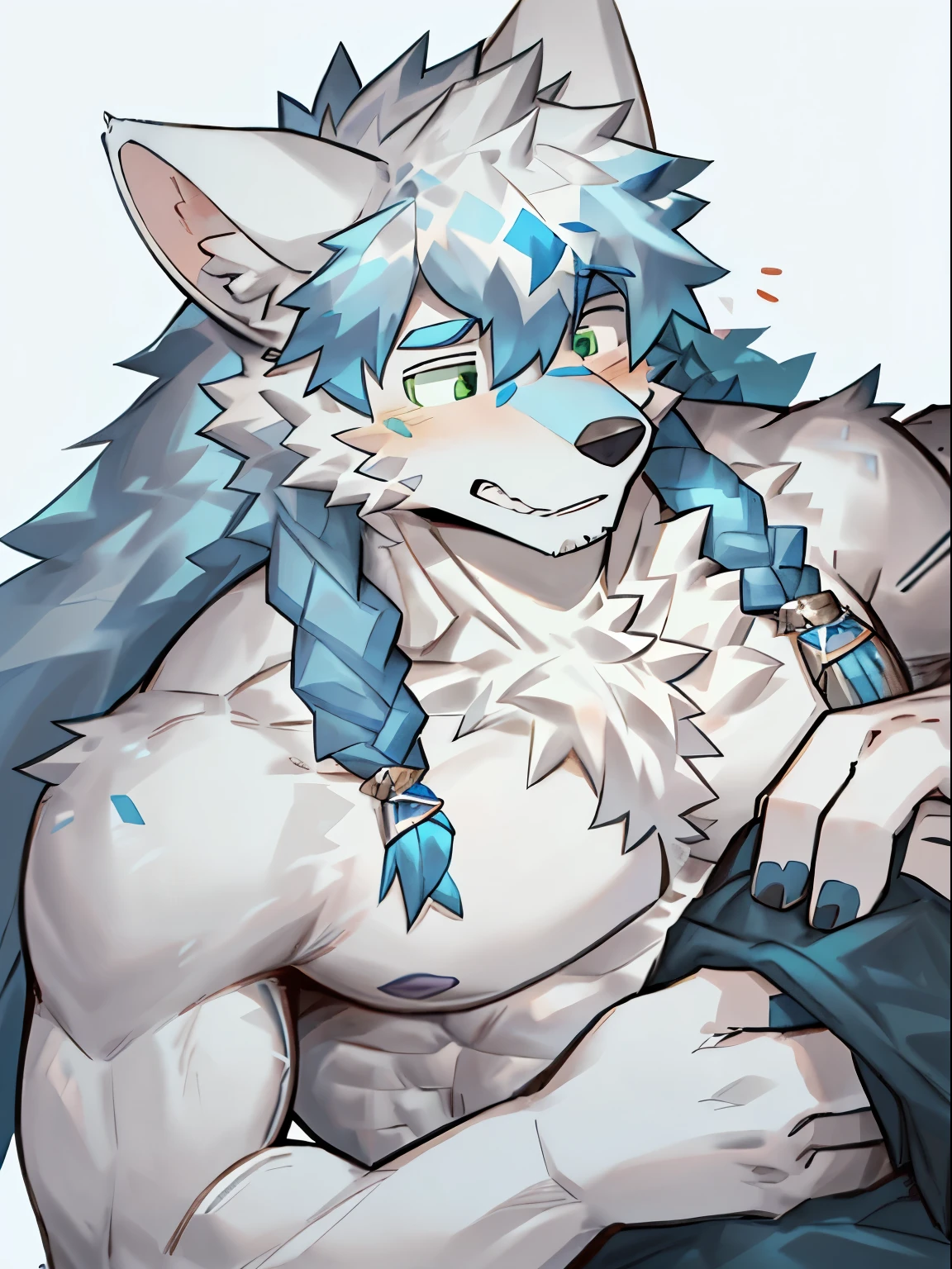 the only person，hairy pubic，Human biology，Male white wolf，grey fur，Gray tail，White ear bleeding - green eyes，Muscle tissue，male people，（The hairy pubic feeling of animal ears），Sexy bulge，Intimate parts，Long hair，Blue pick dye