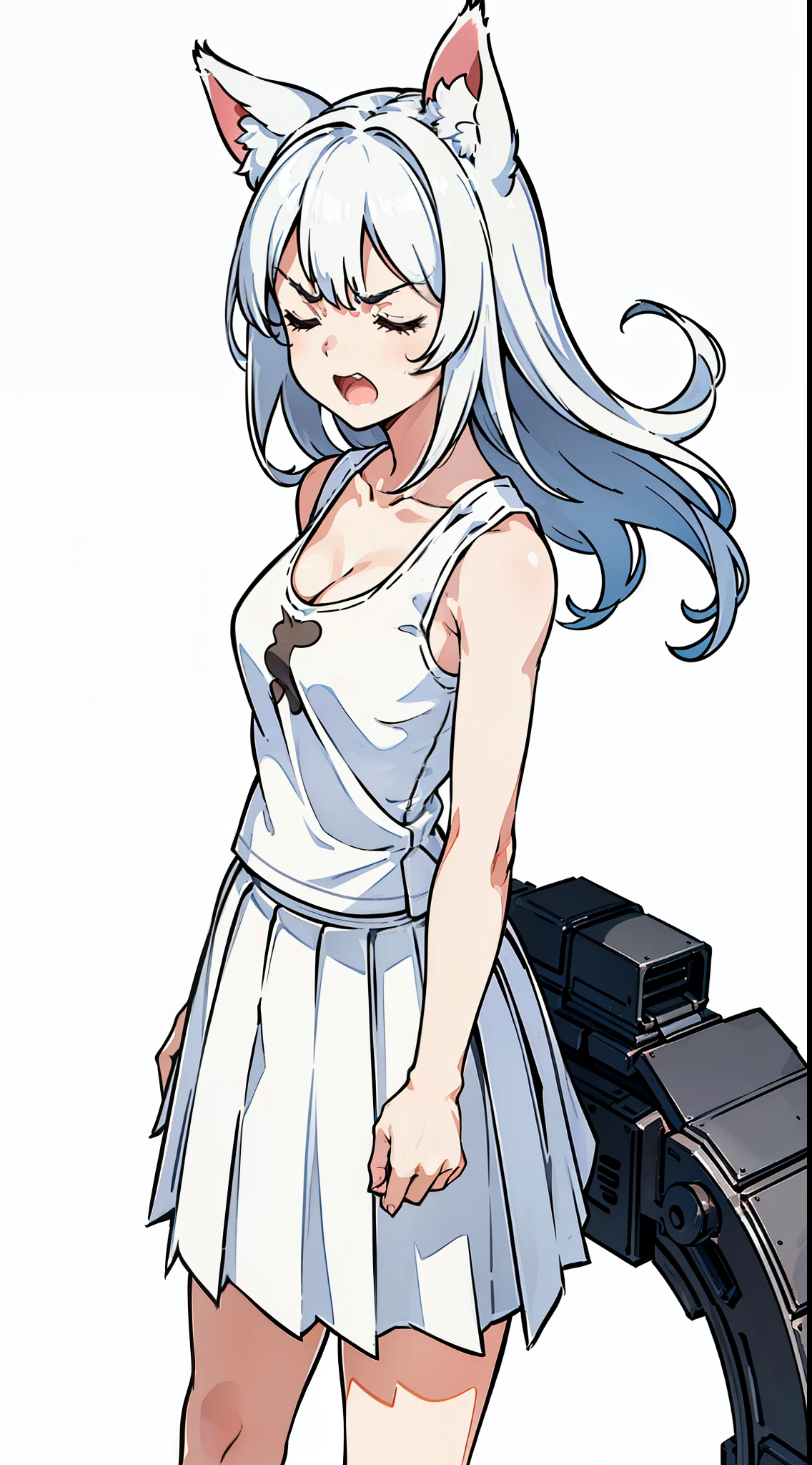 1girl,solo,medium breasts,mature female,((white sleeveless and shoulderless t-shirt,cleavage)),(((white pleated skirt))),silver hair,long hair,closed eyes,fox ears,((white background)),(((standing,angry,cute))),open mouth,