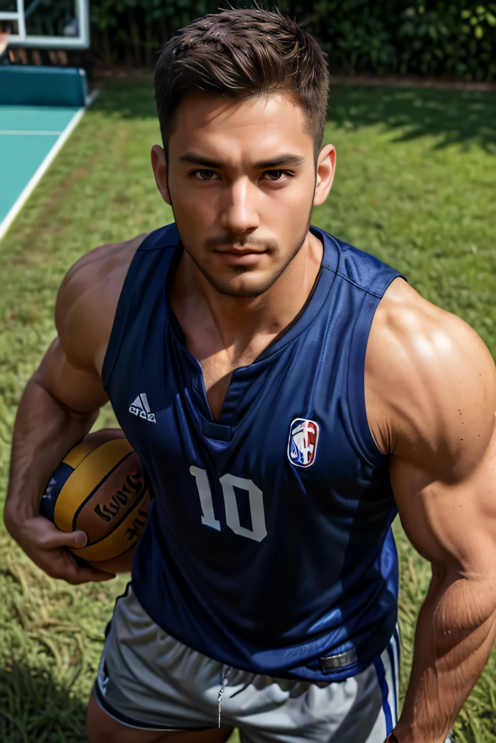 A man stands on the grass, musculous!!, a musculous, 8k 50mm ISO 10, 🚿🗝📝, Okan             , wearing volleyball jersey, k hd, advertisement picture, professional sports style, Wearing NBA jersey, musculous!, , musculous!!!188cm!Single Eyelids！（（35yo ！）） with short brown hair ！and a short beard, Only shorts！(Show hairy chest muscles), ), (Use a short beard,) headspace！Charming and serious look, （（Stand on the basketball court））, musculous！, Close shave and secure fit, (高quality, photorealistic image),！ ((quality, 8K, tmasterpiece), 超k hd照片, (Details on the face, skin textures, Ultra-detailed body:1.1)High body hair！A high resolution, tmasterpiece, musculous的、Short hair details、NSFW、Spacious size、Correct limb sculpting fingers）The skin is really dark！The skin is real！Authentic texture、Camera close to the ground！！Straw sandals background scatter 1.2) training