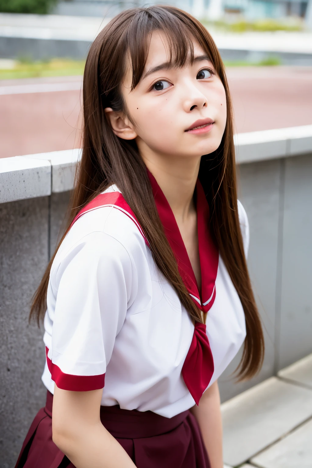 karakai jouzu no takagi-san, long hair, brown eyes, sailor suit, short sleeve,red neckerchief,serafuku, breast squeeze, sweat, full-face blush, white eyes, ,p, small Breasts