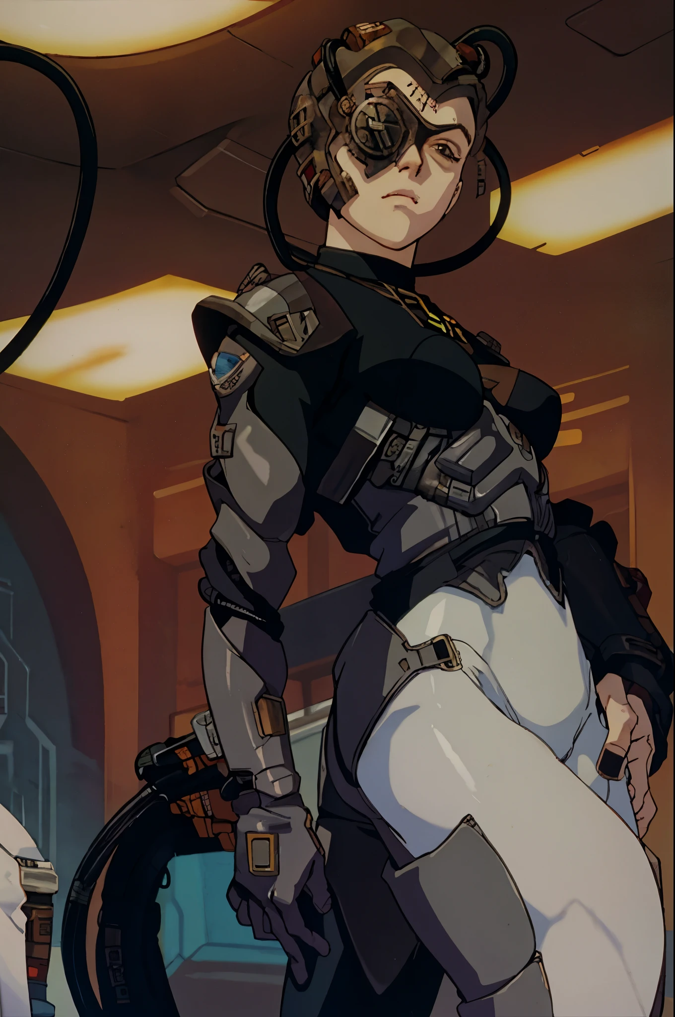 evangelion anime style  borg cyborg bald gray skin veins metal armor cable eyepatch