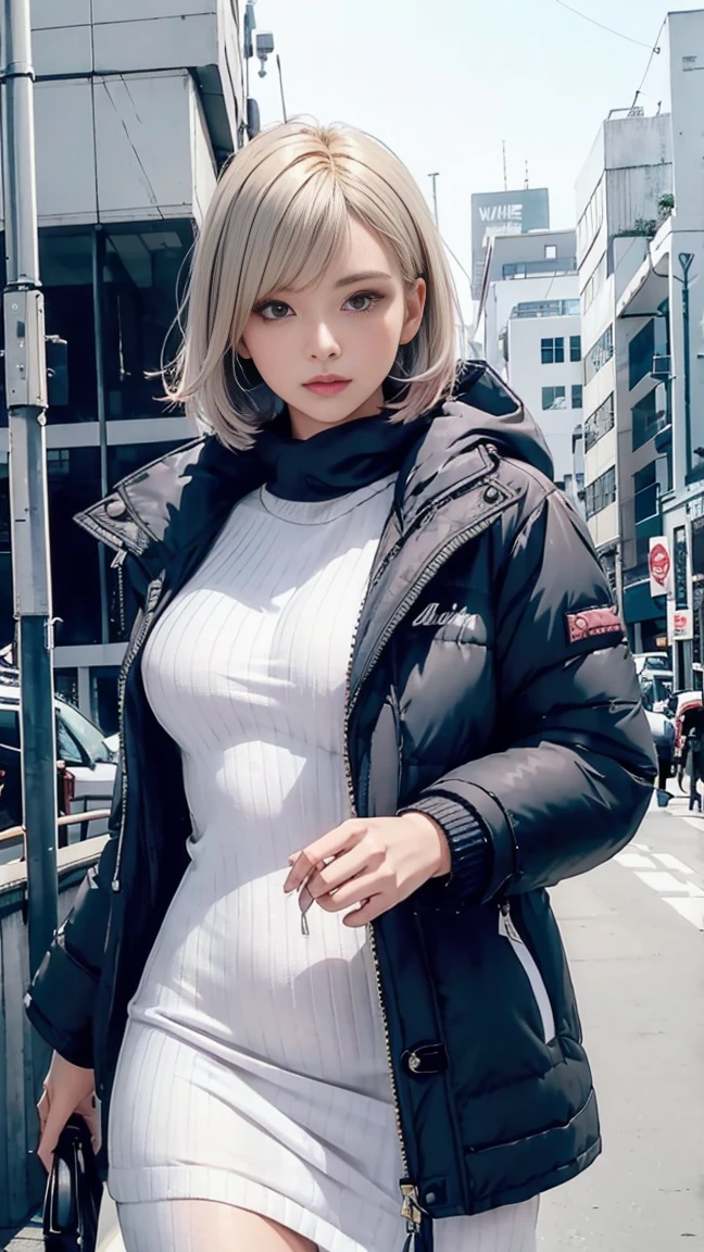 In the summer of Japan, She has a side-cut layered bob hairstyle, (blonde hair with pink inner color), She has beautiful sparkling purple eye color, masterpiece, Best Quality,(Photorealistic: 1.4),Ultra High Resolution, unity 8k, (Beautiful detailed eyes:1.6),Symmetrical, extra detailed face, Perfect Lighting, (Perfect hands, Perfect Anatomy), (Background in the city:1.3), ((White maxi knit dress and short down jacket:1.3))