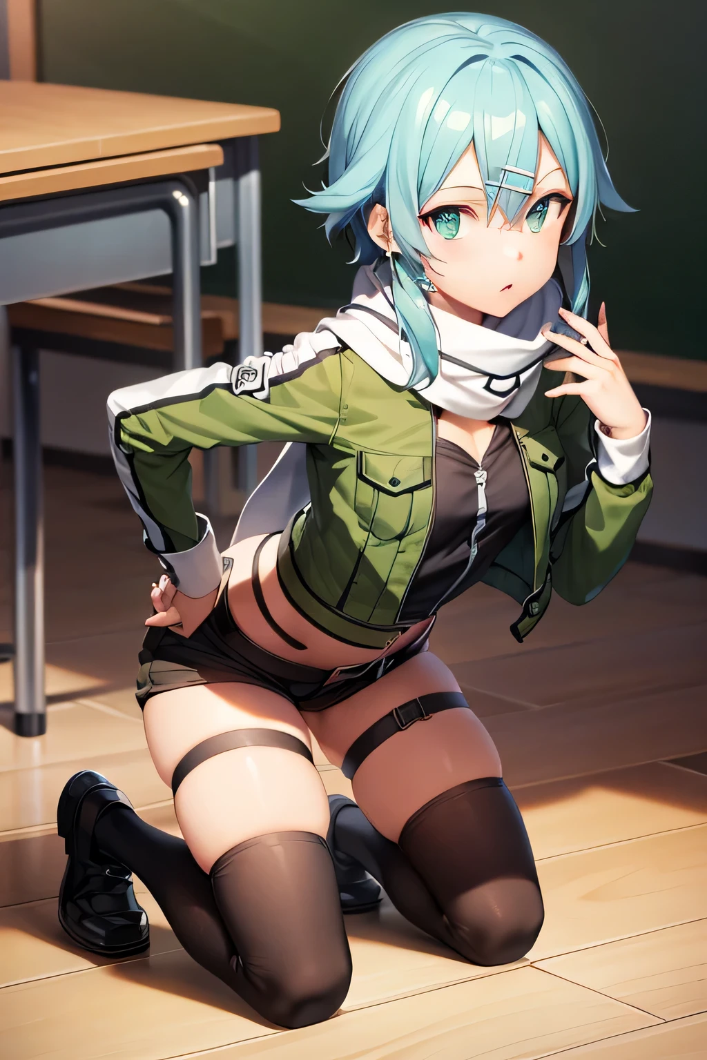 masterpiece, best quality, highres, 1girl, sinon1, scarf, long sleeves, short shorts, hair ornament, hairclip, green thighhighs, green jacket, thigh strap, hand on hip, leaning forward, :i, outdoors, hand on own knee, full body, BREAK indoors, BREAK classroom, BREAK (masterpiece:1.2), best quality, high resolution, unity 8k wallpaper, (illustration:0.8), (beautiful detailed eyes:1.6), extremely detailed face, perfect lighting, extremely detailed CG, (perfect hands, perfect anatomy)