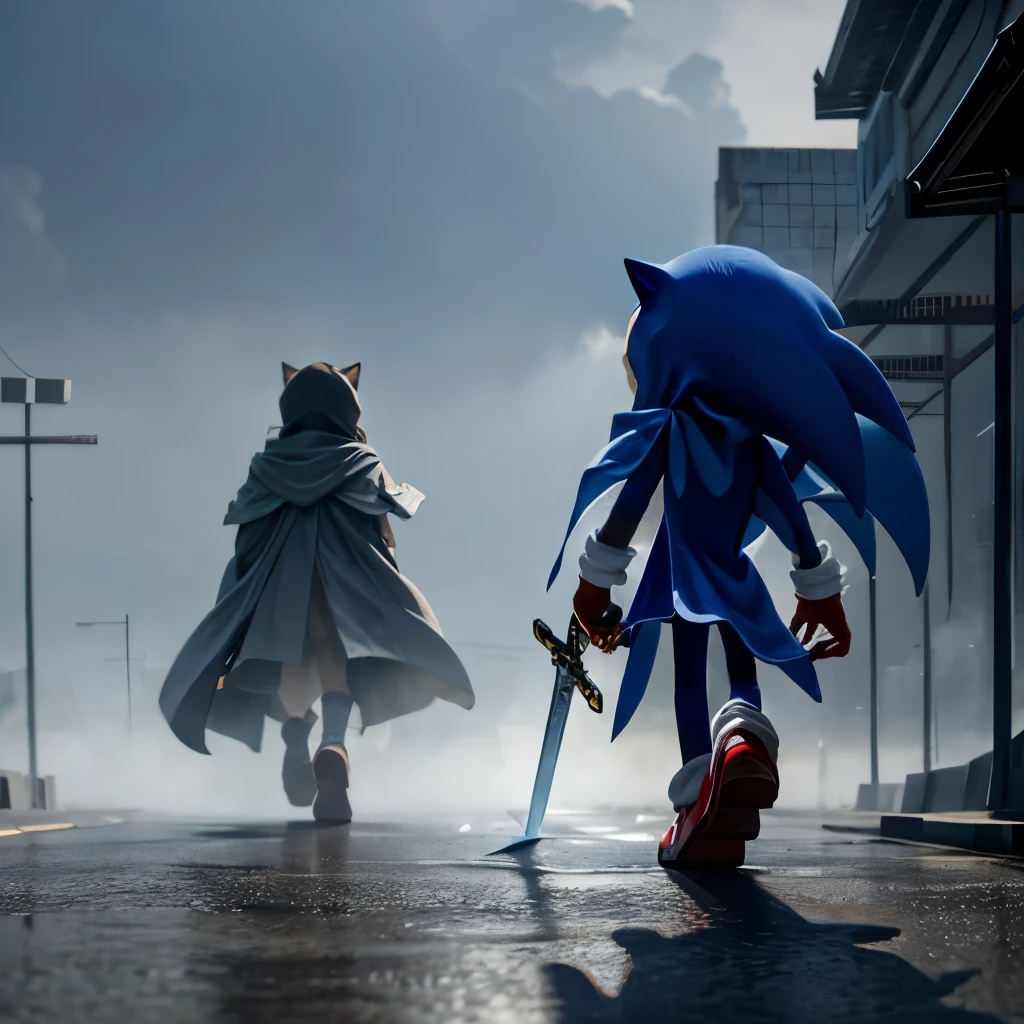 sonic。wearing a cloak。There is fog in the city。holds a sword。walking through an empty city。街にはsonicのカレンダーがある。