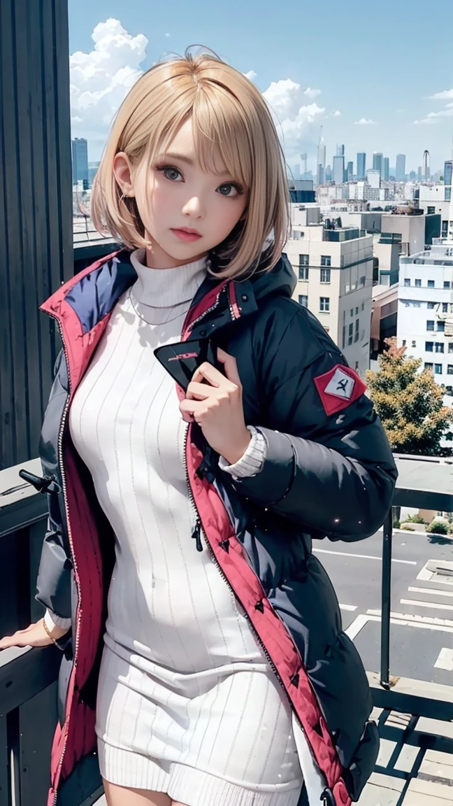 In the summer of Japan, She has a side-cut layered bob hairstyle, (blonde hair with pink inner color), She has beautiful sparkling purple eye color, masterpiece, Best Quality,(Photorealistic: 1.4),Ultra High Resolution, unity 8k, (Beautiful detailed eyes:1.6),Symmetrical, extra detailed face, Perfect Lighting, (Perfect hands, Perfect Anatomy), (Background in the city:1.3), ((White maxi knit dress and short down jacket:1.3))