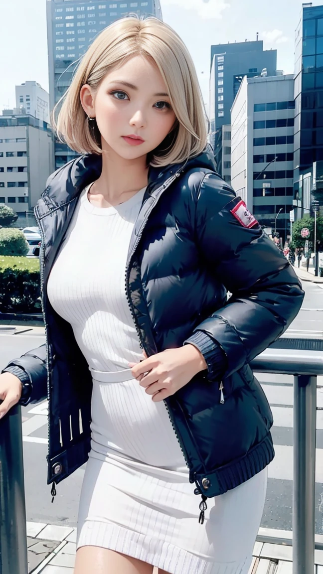 In the summer of Japan, She has a side-cut layered bob hairstyle, (blonde hair with pink inner color), She has beautiful sparkling purple eye color, masterpiece, Best Quality,(Photorealistic: 1.4),Ultra High Resolution, unity 8k, (Beautiful detailed eyes:1.6),Symmetrical, extra detailed face, Perfect Lighting, (Perfect hands, Perfect Anatomy), (Background in the city:1.3), ((White maxi knit dress and short down jacket:1.3))