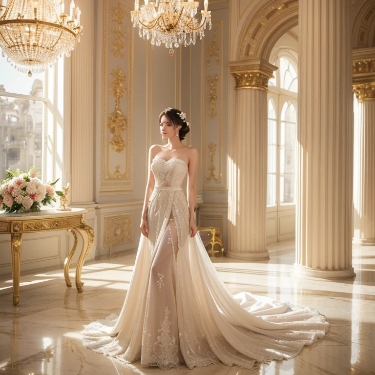 (best quality,4k,8k,highres,masterpiece:1.2),ultra-detailed,(realistic,photorealistic,photo-realistic:1.37),portraits,beautiful detailed eyes,beautiful detailed lips,extremely detailed eyes and face,longeyelashes,white strapless long dress,elaborate decorations,fluffy white ball gown,sparkling pearl jewelry,white stockings,white high heels,standing in a palace,golden chandelier,soft natural lighting,ethereal atmosphere,delicate lace details,flowing chiffon fabric,meticulous embroidery,voluminous skirt,graceful posture,confident gaze,serene expression,sophisticated hairstyle,Subtle makeup,subtle blush,pearlescent sheen on the skin,subtle backlighting,delicate shadows,royal backdrop,luxurious furnishings,stunning architecture,marble floors,ornate columns,rich drapes,elegant tapestries,fragrant flower arrangements,picturesque garden through the window,delicate roses,whispering fountains,calm and peaceful ambiance,sublime beauty,captivating elegance,timeless grace,vivid colors,soft pastels and whites,golden accents,subtle shimmering effect,dreamy atmosphere.Expose legs