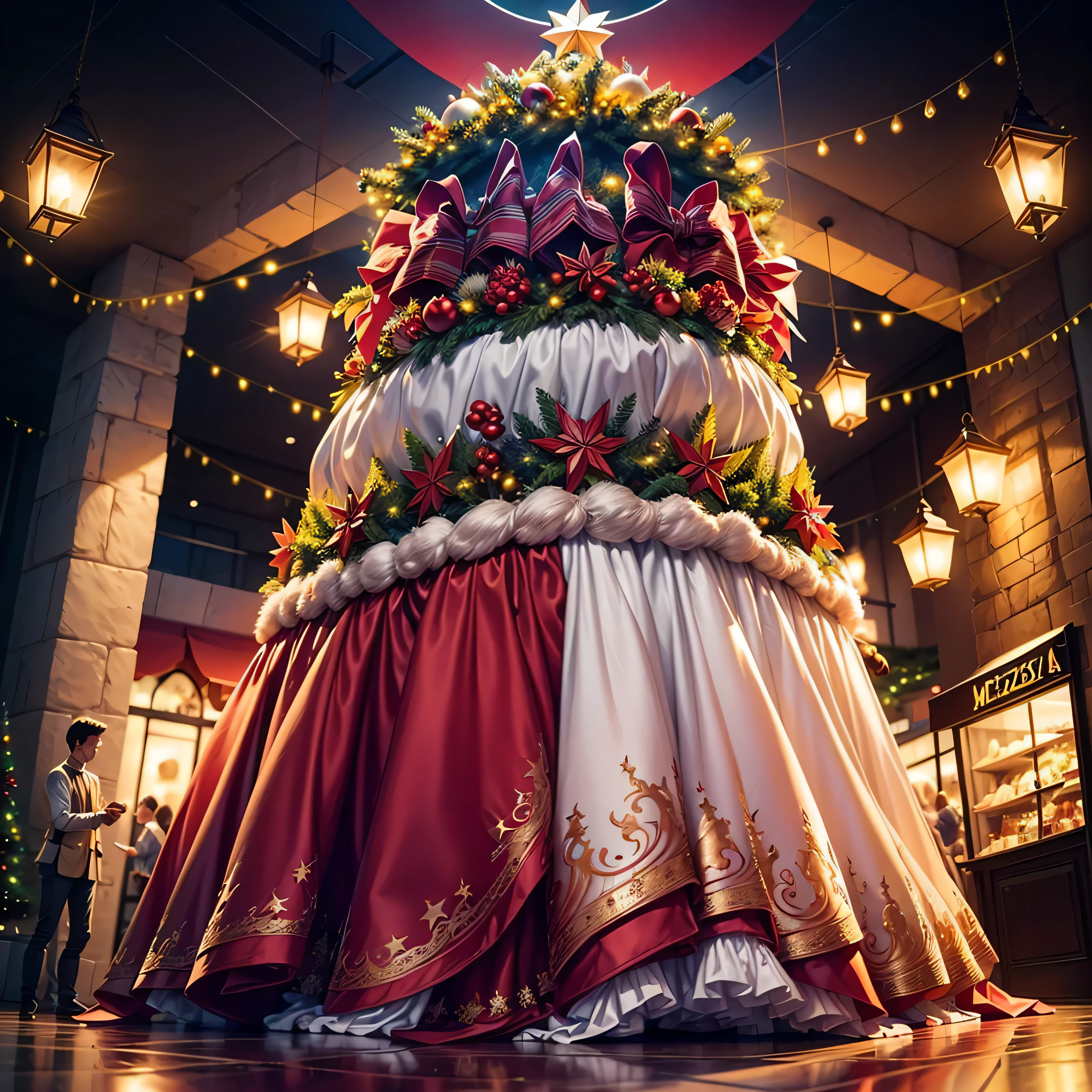 (((Vector illustration style))),Vibrant colors, magical ambiance, Whimsical, Sparkling, Fantasy Christmas World,vibrant with colors, vivd colour, Magical atmosphere, Whimsical, Sparkling,Fantasy Christmas World,Inside the Christmas mall,The huge Christmas tree hung with lights、pompon、Christmas socks,Christmas pendants,Piles of gifts placed under the tree。A young couple and a child admire the Christmas decorations in the mall,Surrounded by performers in Santa Claus costumes and Santa Claus statues。The Christmas mall like a fairy tale world,full of magic, (Ghibli-like colours, pov, first-person view, UHD, masterpiece, ccurate, anatomically correct, super detail, high details, high quality, award winning, best quality, 8k)