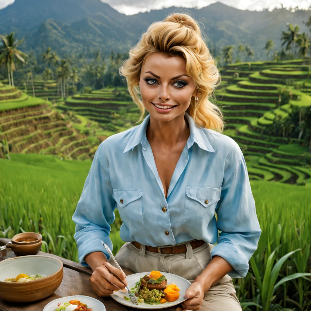 A Beautiful European woman [Sophia Loren:Maude Adams:0.35], (Golden Haired:1.25). Short ponytailed, gentle smile. Wears pastel blue Flannel Shirt and white T-Shirt with text "I ❤ Bali", trousers, Adidas Sneakers.  (At an exotic Bali terraced rice field:1.2). Having a lunch meal in a bamboo hut, Volcano and woods at background, insanely detailed and intricate background nature scene with some other characters and objects, a masterpiece cinematic photo realistic illustration of Color Comic Maestro Don Lawrence, super detailed, high resolution, full vibrant color, volumetric lighting, octane render