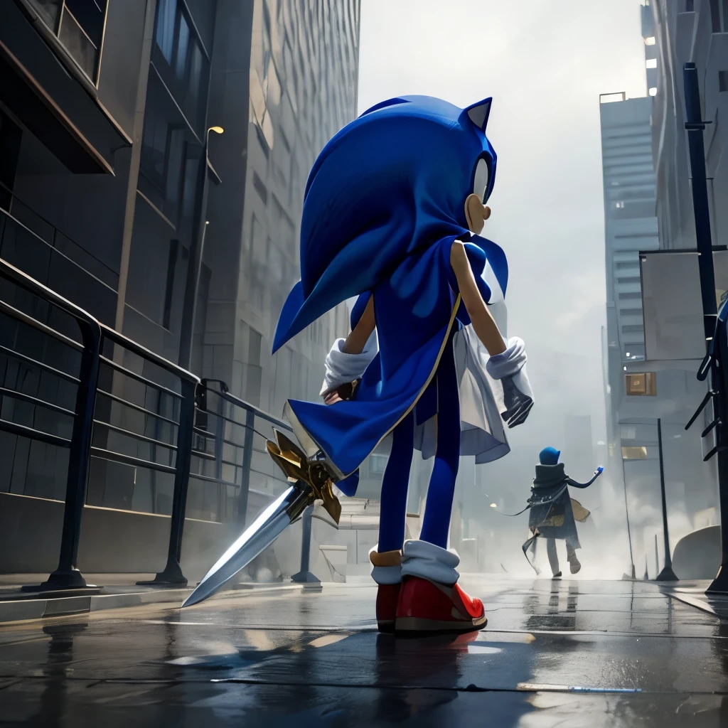 sonic。wearing a cloak。There is fog in the city。holds a sword。walking through an empty city。Going around town with another friend。