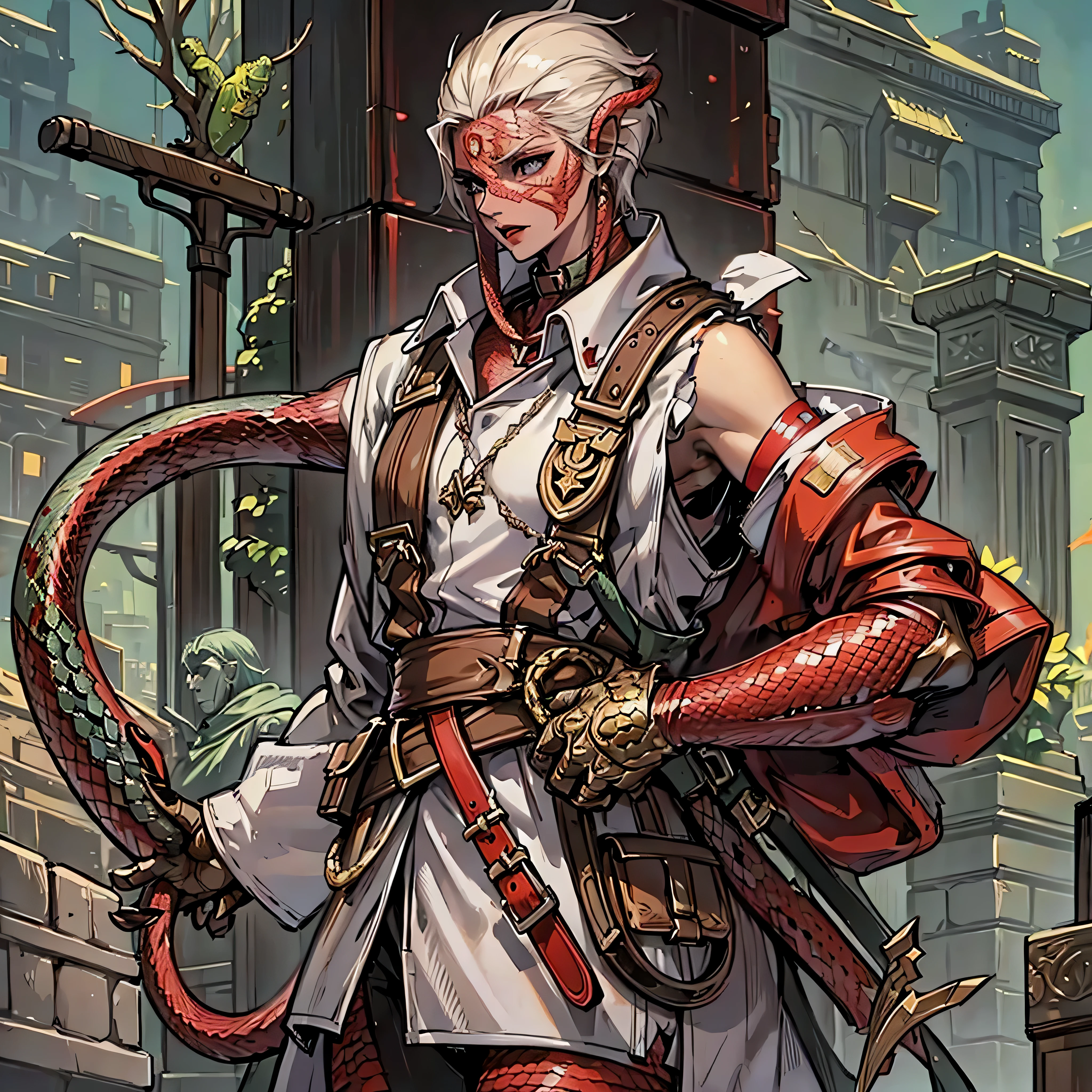 red snake scales on skin, women hand