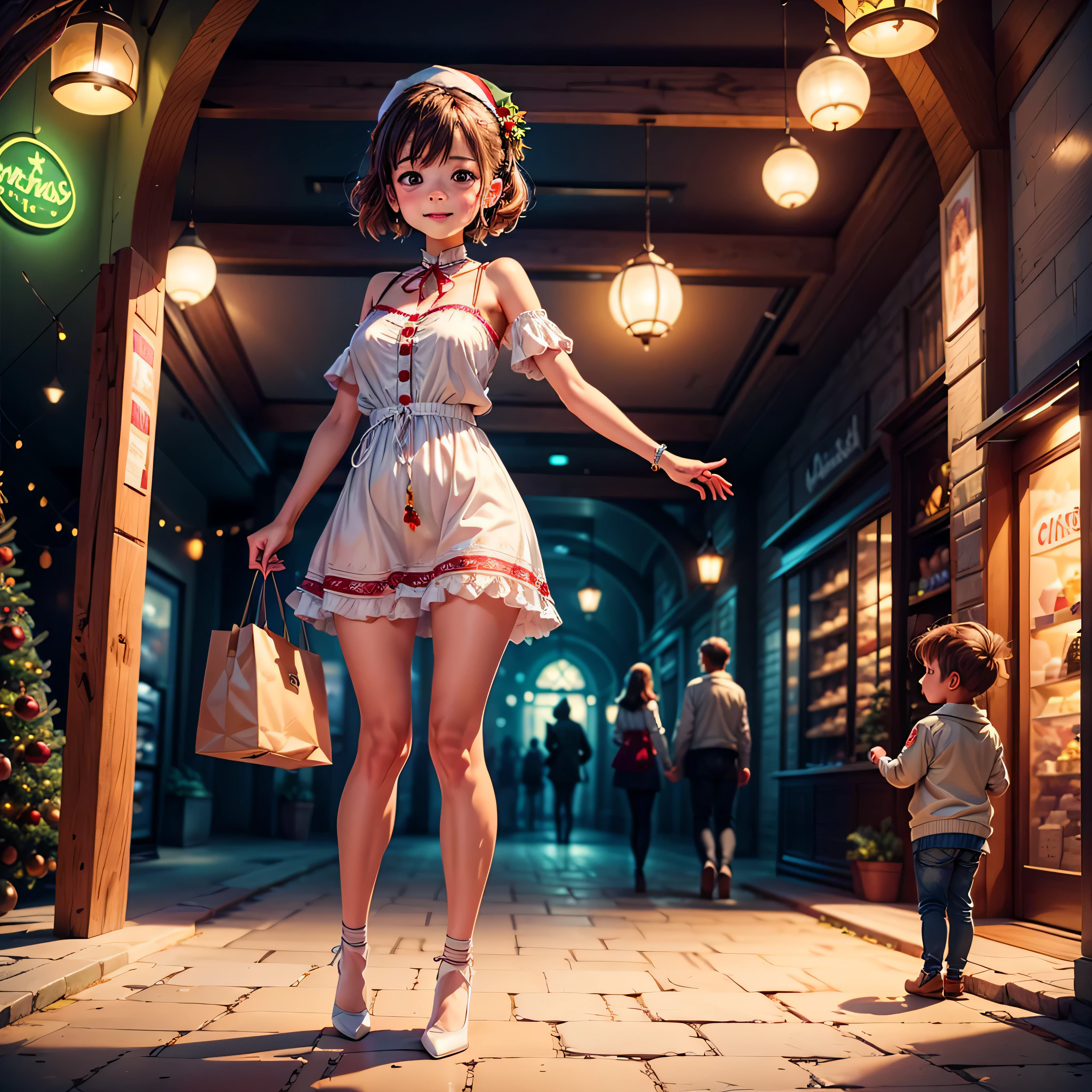 (((Vector illustration style))),Vibrant colors, magical ambiance, Whimsical, Sparkling, Fantasy Christmas World,vibrant with colors, vivd colour, Magical atmosphere, Whimsical, Sparkling,Fantasy Christmas World,Inside the Christmas mall,The huge Christmas tree hung with lights、pompon、Christmas socks,Christmas pendants,Piles of gifts placed under the tree。A young couple and a child admire the Christmas decorations in the mall,Surrounded by performers in Santa Claus costumes and Santa Claus statues。The Christmas mall like a fairy tale world,full of magic, (Ghibli-like colours, pov, first-person view, UHD, masterpiece, ccurate, anatomically correct, super detail, high details, high quality, award winning, best quality, 8k)