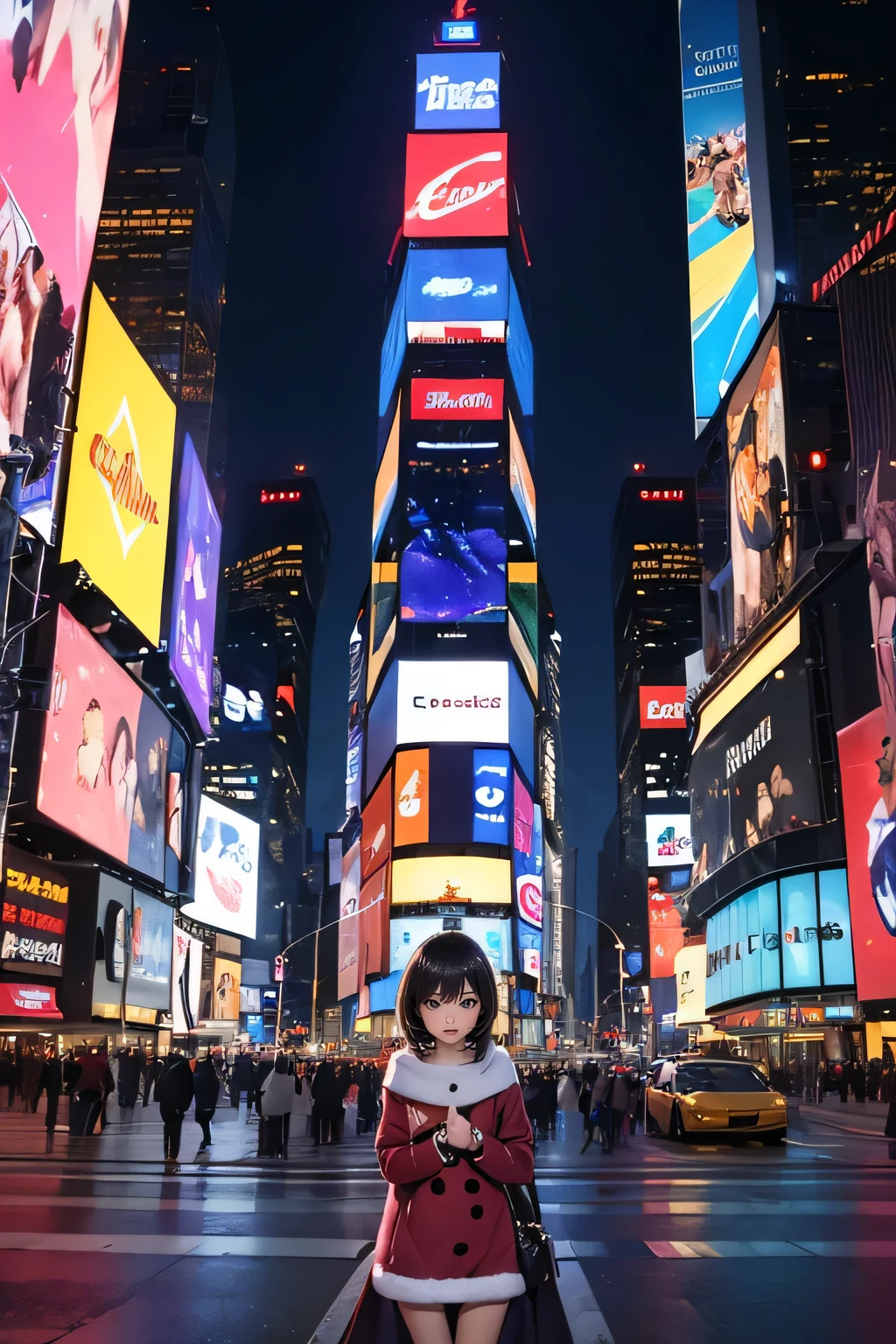 (((a woman is in front of the giant digital billboard at Times Square on Christmas day, that giant digital billboard is broadcasting her appearance live. steam vending from the road))), ((winter clothes with Christmas colors)), looking away, angle from below, (drooping eyes, sleepy, ecstasy face, blush, earrings, many people pass, big Christmas tree, (Pixie Cut),