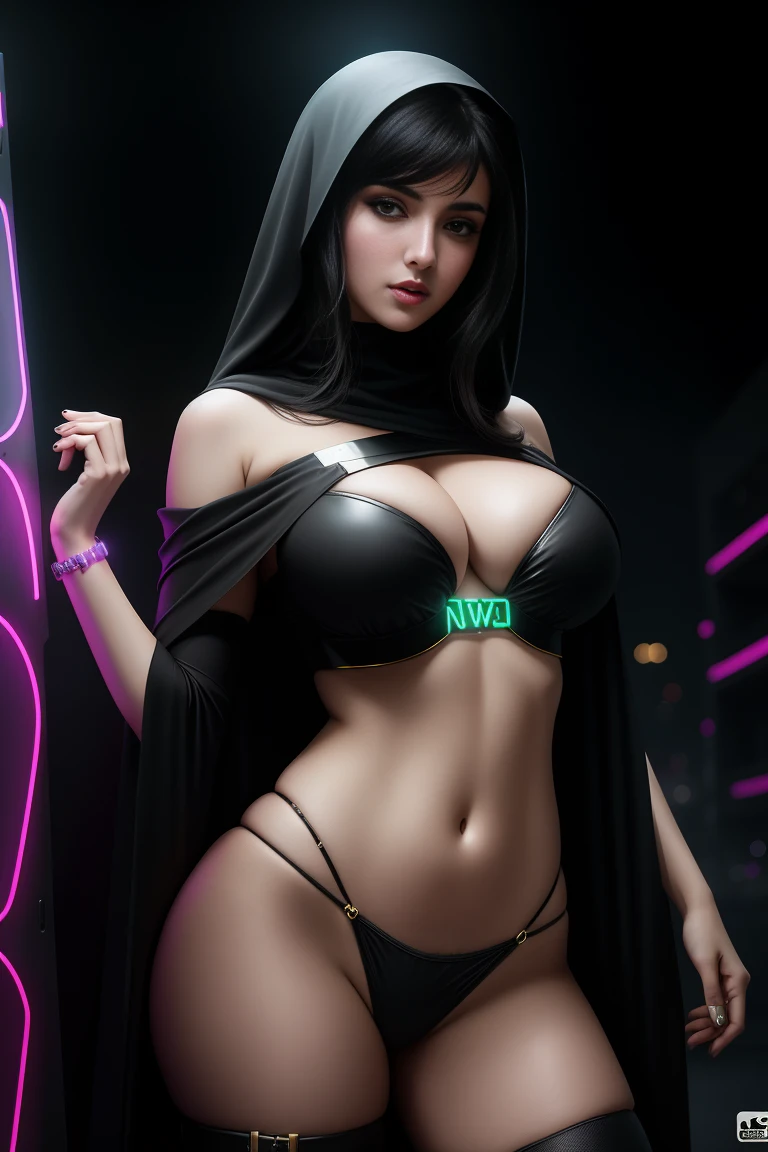 there is an Arabic Woman standing, covered hair, wearing a cape, 3 d neon art of a womans body, neon-noir background, cyberpunk femme fatale, seductive cyberpunk dark fantasy, cyberpunk strip clubs, cyberpunk 20 y. o model girl, oppai cyberpunk, banner, high definition cgsociety, cgsociety masterpiece, trending on cgstation, kda, random hair, looking at camera, gigantic breasts, cleavage, (high detailed skin:1.2), 8k uhd, dslr, super lighting, high quality, film grain, high res, highly detailed, hyper realistic, beautiful face, beautiful body, beautiful eyes nose lips, alluring expression, very bold, upper boobs visible, full body photo, standing legs apart, pale translucent glowing skin, most beautiful face, cute, (well defined pubic hair:1.2)), (dark plain black background:1.4))