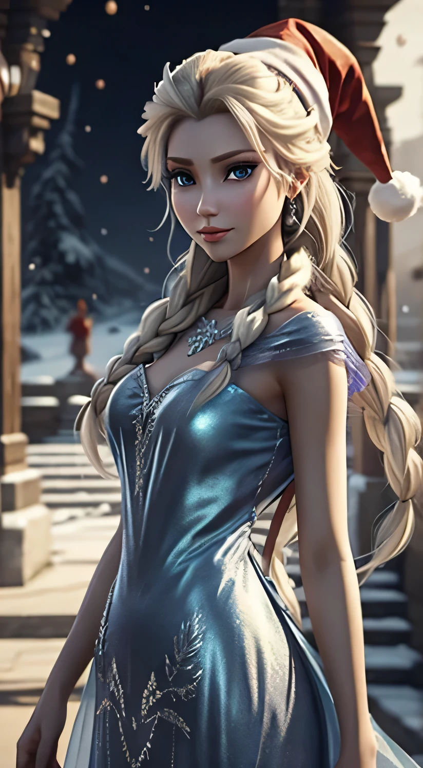 Generate an realistic image of Elsa from Frozen, real character Frozen elsa, dressed in modern fashion for a New Year's party. HDR 8K texture dress, visual render Elsa, Elsa should be wearing a red, delicate long dress , along with a New Year's santa hat. The dress should be stylish and suitable for a princess. New Year's dress with real feathers and tassels