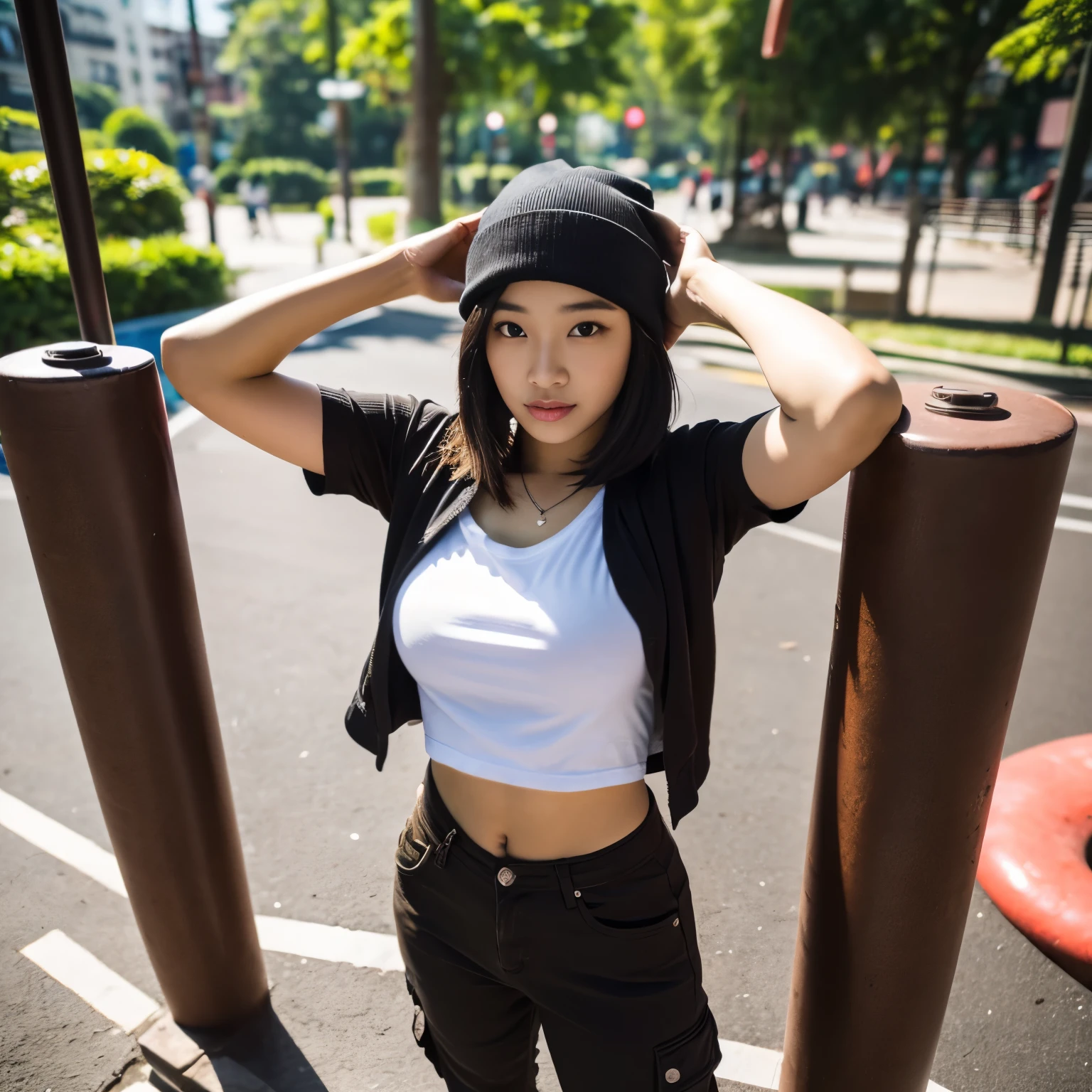 Professional, Angle camera shooting from above, realistic, High level of detail, Full body photo of 18 years old woman, korean, random Tight cargo pants, (random crop top t-shirt:1.3_MUST), (random beanie:1.3(MUST)), (glossy black hair in blunt bob:1.3), full body, Standing posing for a photo, both of hand behind the head:1.3(MUST) on a playground, photogenic pose, (random standing pose: 1.3) ,Natural light, (Attractive young woman:1.3), (seductive:1.1), (blush:1.1), round and big breasts, cleavage, bacgkround at afternoon playground in south jakarta buildings