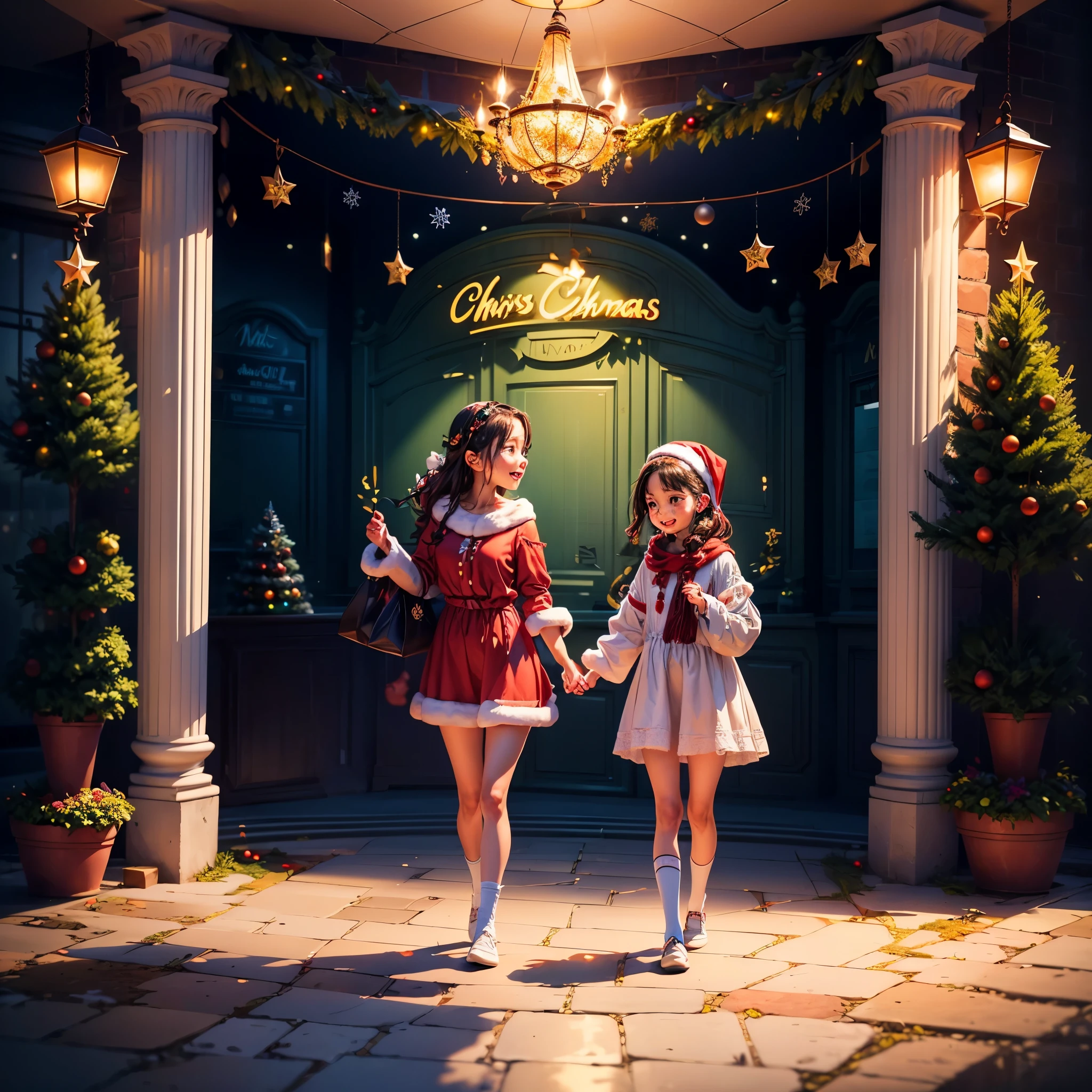 (((Vector illustration style))),Vibrant colors, magical ambiance, Whimsical, Sparkling, Fantasy Christmas World,vibrant with colors, vivd colour, Magical atmosphere, Whimsical, Sparkling,Fantasy Christmas World,Inside the Christmas mall,The huge Christmas tree hung with lights、pompon、Christmas socks,Christmas pendants,Piles of gifts placed under the tree。A young couple and a child admire the Christmas decorations in the mall,Surrounded by performers in Santa Claus costumes and Santa Claus statues。The Christmas mall like a fairy tale world,full of magic, (Ghibli-like colours, pov, first-person view, UHD, masterpiece, ccurate, anatomically correct, super detail, high details, high quality, award winning, best quality, 8k)
