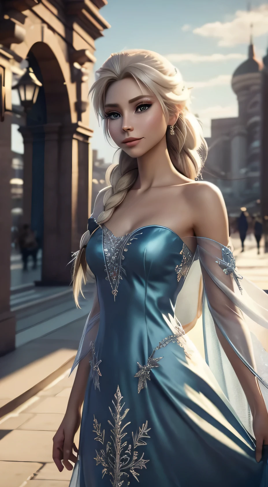 Generate an realistic image of Elsa from Frozen, real character Frozen elsa, dressed in modern fashion for a New Year's party. HDR 8K texture dress, visual render Elsa, Elsa should be wearing a red, delicate long dress , along with a New Year's santa hat. The dress should be stylish and suitable for a princess. New Year's dress with real feathers and tassels