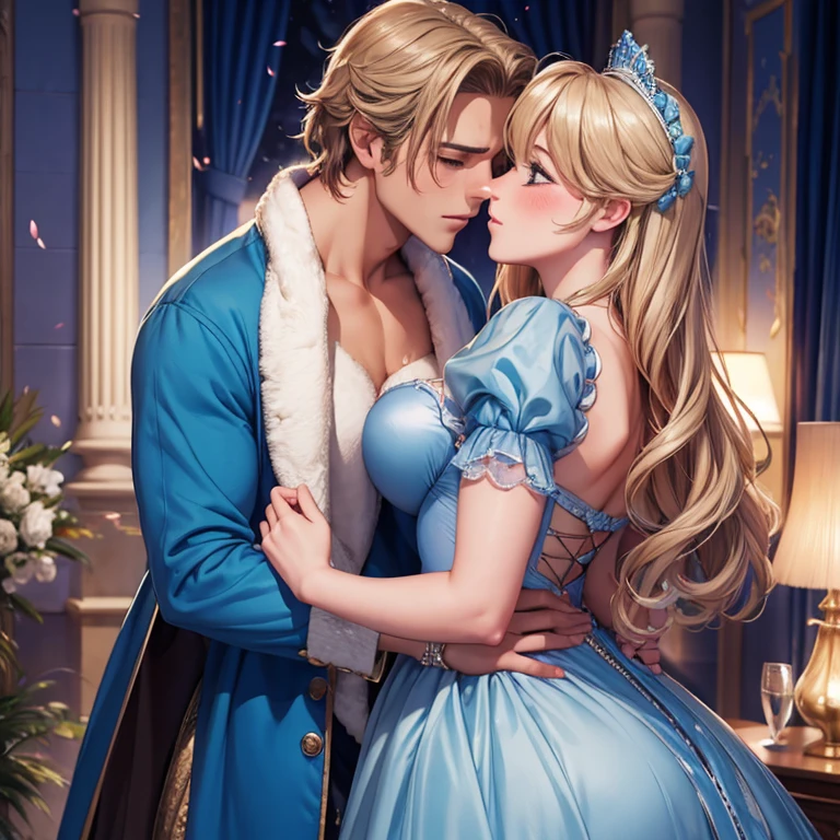 A handsome blushing prince with blond hair put his hands on Cinderella&#39;s soft breasts from behind, Breast massage, blushing Cinderella in front of the prince, passion