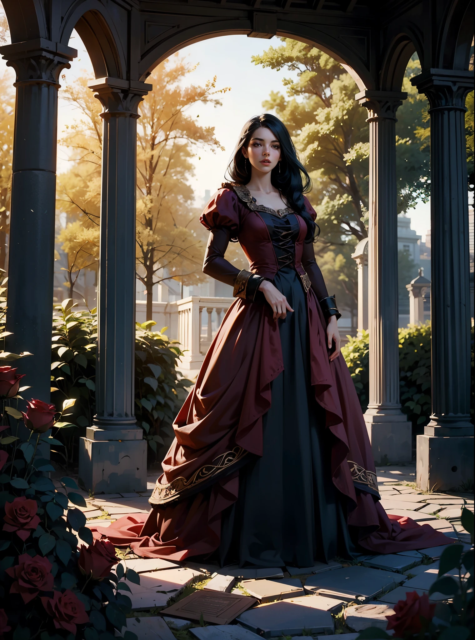 fantasy, Rose bushes, Roses everywhere, light, Forest, ruined gazebo, German appearance, 23-year-old girl with long black hair, in a red dress of the 16th century, looks like Adelaide Kane. HD