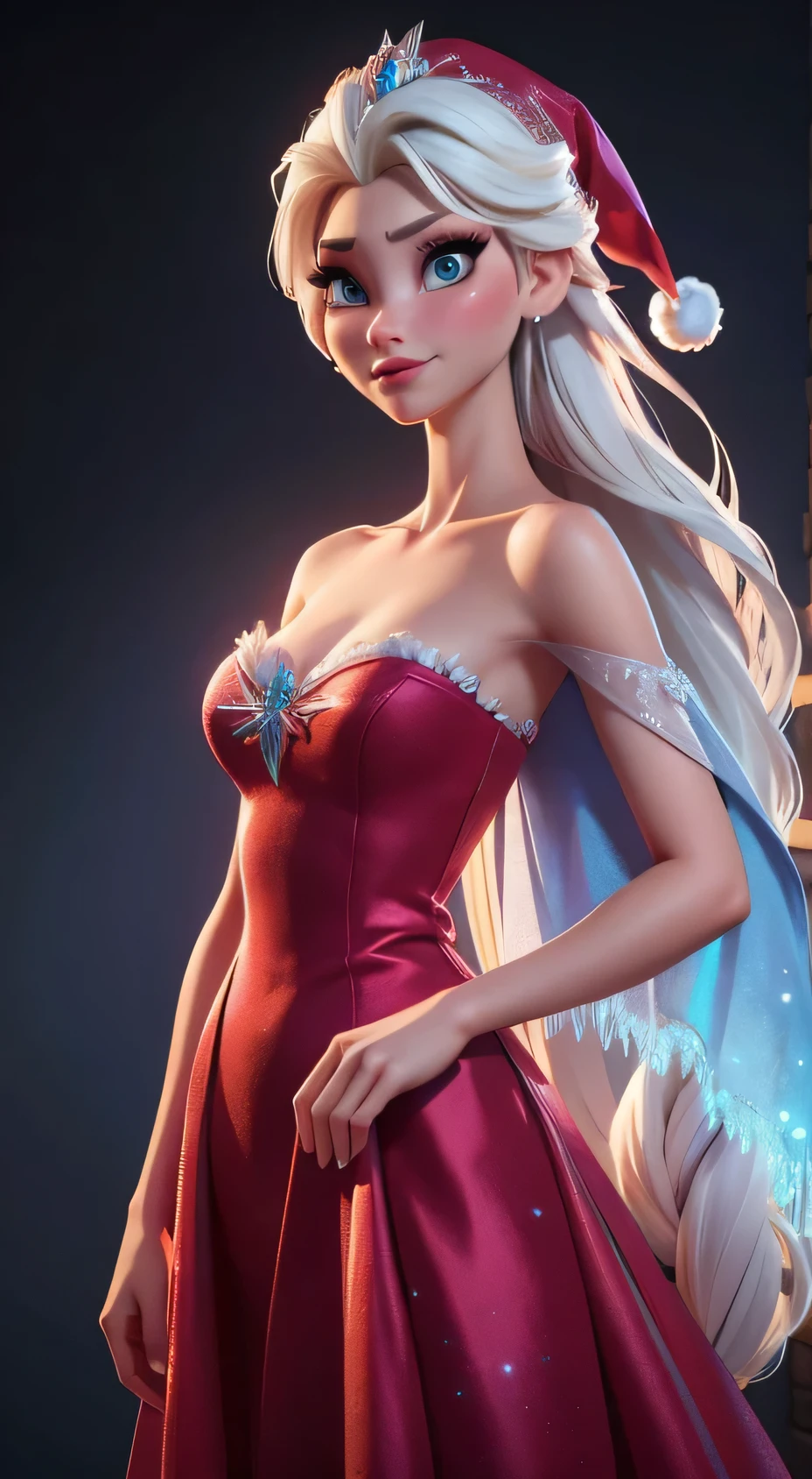 Generate an realistic image of Elsa from Frozen, real character Frozen elsa, dressed in modern fashion for a New Year's party. HDR 8K texture dress, visual render Elsa, Elsa should be wearing a red, delicate long dress , along with a New Year's santa hat. The dress should be stylish and suitable for a princess. New Year's dress with real feathers and tassels