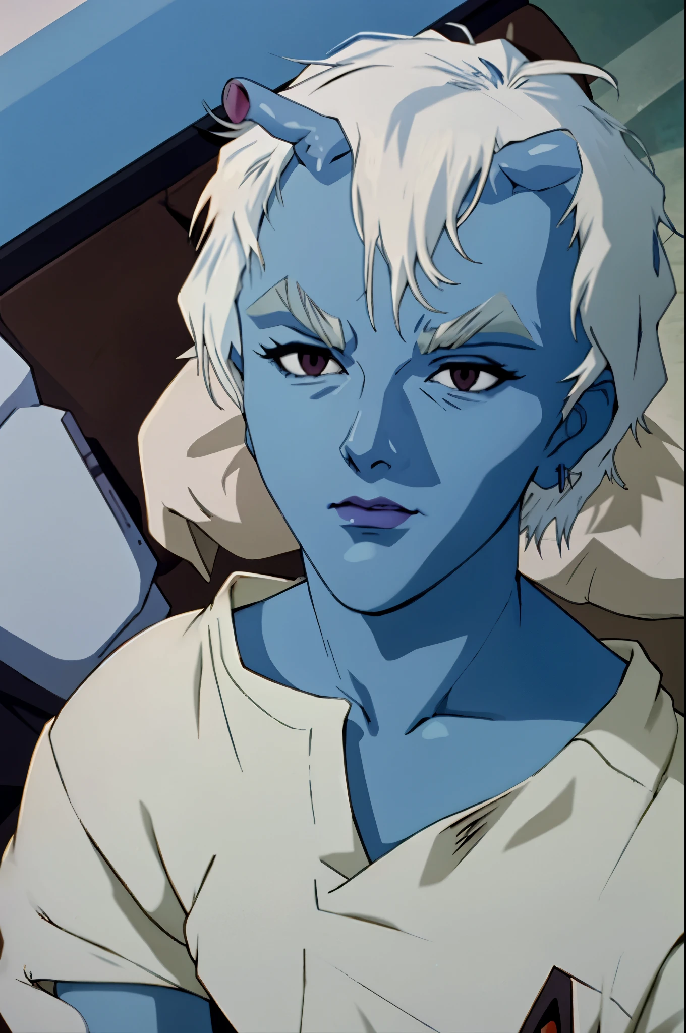 evangelion anime style andorian
blue skin
white hair
antennae
white eyebrows