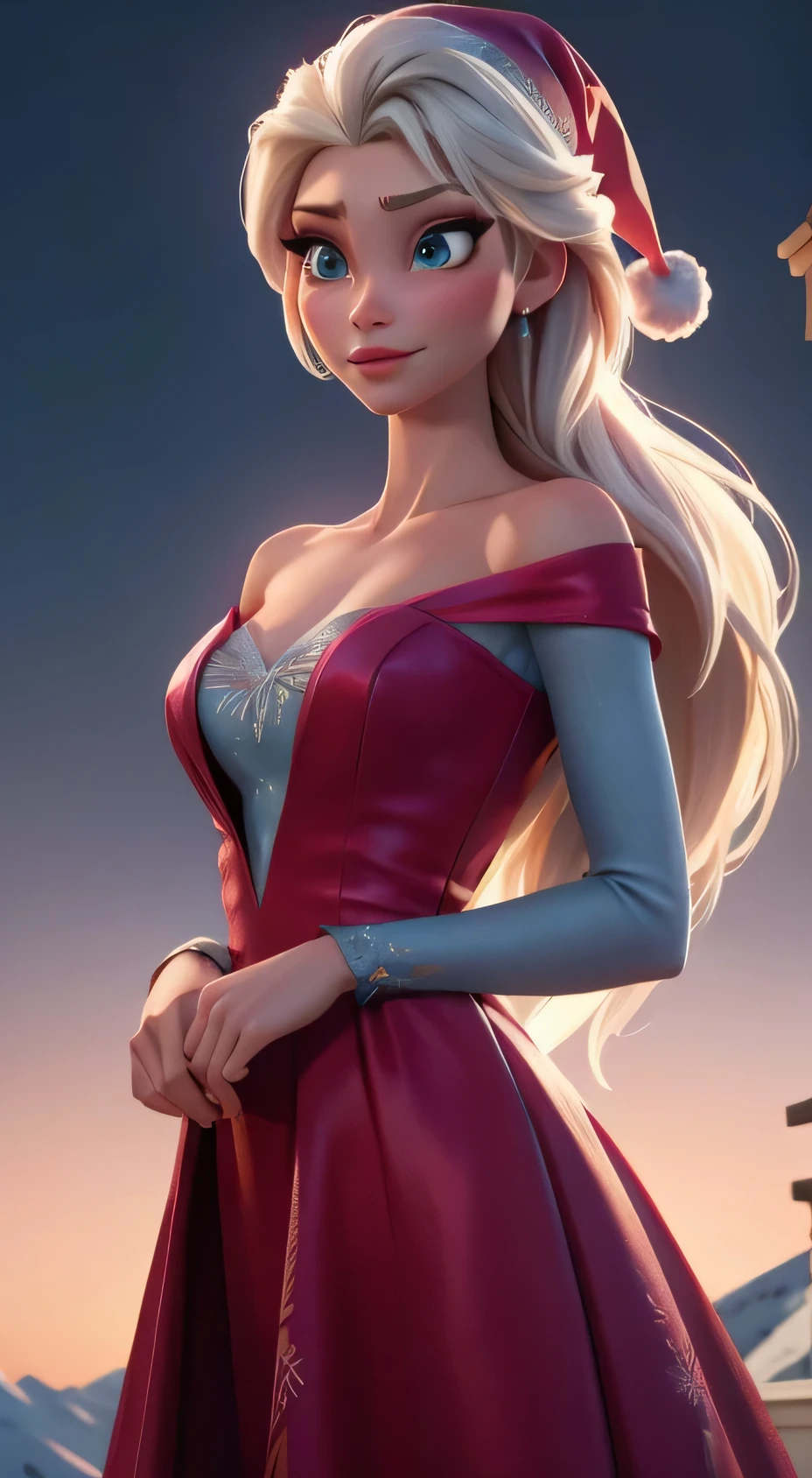 Generate an realistic image of Elsa from Frozen, real character Frozen elsa, dressed in modern fashion for a New Year's party. HDR 8K texture dress, visual render Elsa, Elsa should be wearing a red, delicate long dress , along with a New Year's santa hat. The dress should be stylish and suitable for a princess. New Year's dress with real feathers and tassels