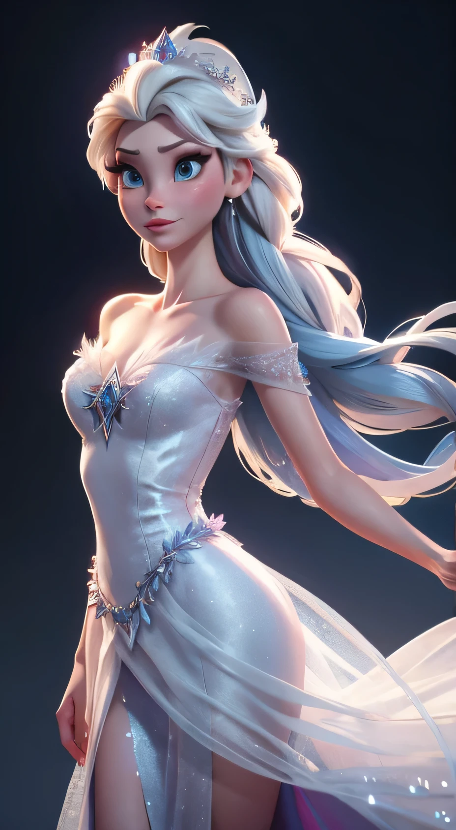Generate an realistic image of Elsa from Frozen, real character Frozen elsa, dressed in modern fashion for a New Year's party. HDR 8K texture dress, visual render Elsa, Elsa should be wearing a red, delicate long dress , along with a New Year's santa hat. The dress should be stylish and suitable for a princess. New Year's dress with real feathers and tassels