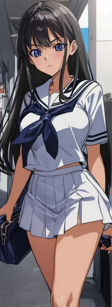 A beautiful woman with long black hair, big breasts, beautiful legs, and a sharp face is wearing a sailor suit with a white miniskirt, showing off her light blue and blue panties, and is standing with her legs spread wide with a stunned expression in the school hallway.。