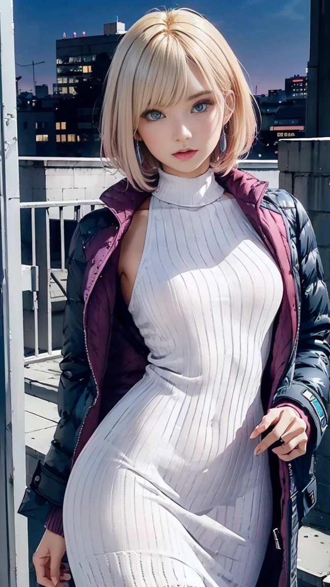 layered bob hairstyle, (Blonde with pink inner color), She has beautiful sparkling purple eye color, masterpiece, Best Quality,(Photorealistic: 1.4),Ultra High Resolution, unity 8k, (Beautiful detailed eyes:1.6),Symmetrical, extra detailed face, Perfect Lighting, (Perfect hands, Perfect Anatomy), (Background in the city:1.3), ((White maxi knit dress and down jacket:1.3))