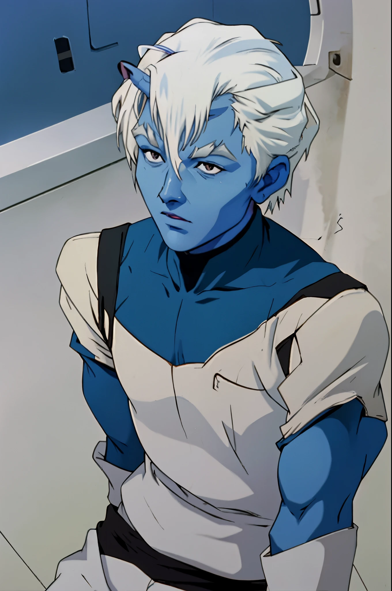 evangelion anime style andorian
blue skin
white hair
antennae
white eyebrows