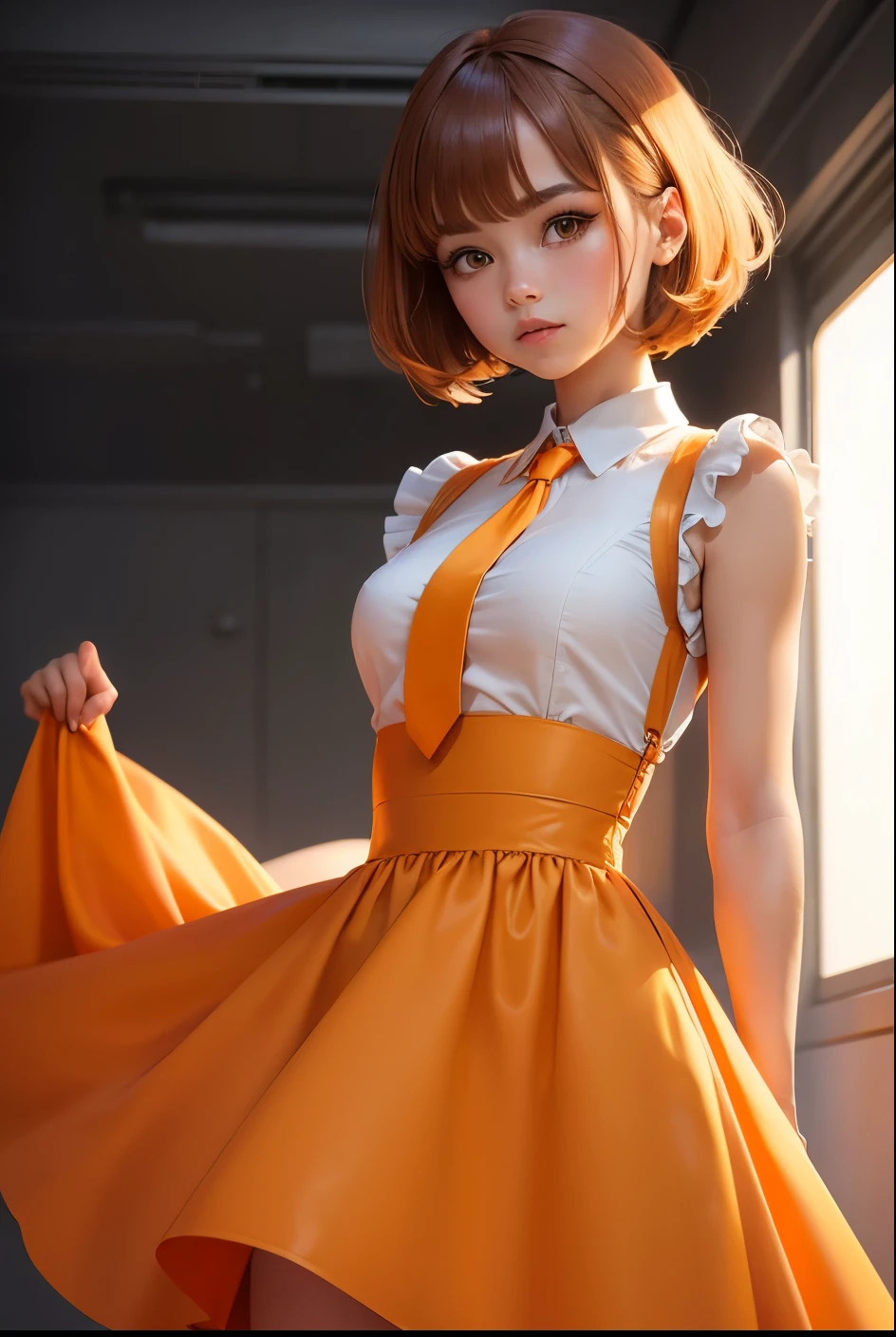 Cute, sexy, robot girl, white background, her hair cut in the front and tied with two ties in the back, wearing an orange dress combined with a skirt, and under the dress a yellow shirt, brown hair, robot