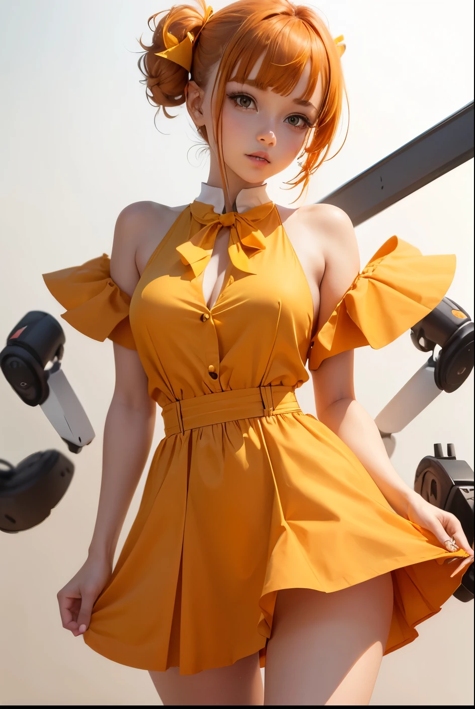 Cute, sexy, robot girl, white background, her hair cut in the front and tied with two ties in the back, wearing an orange dress combined with a skirt, and under the dress a yellow shirt, brown hair, robot