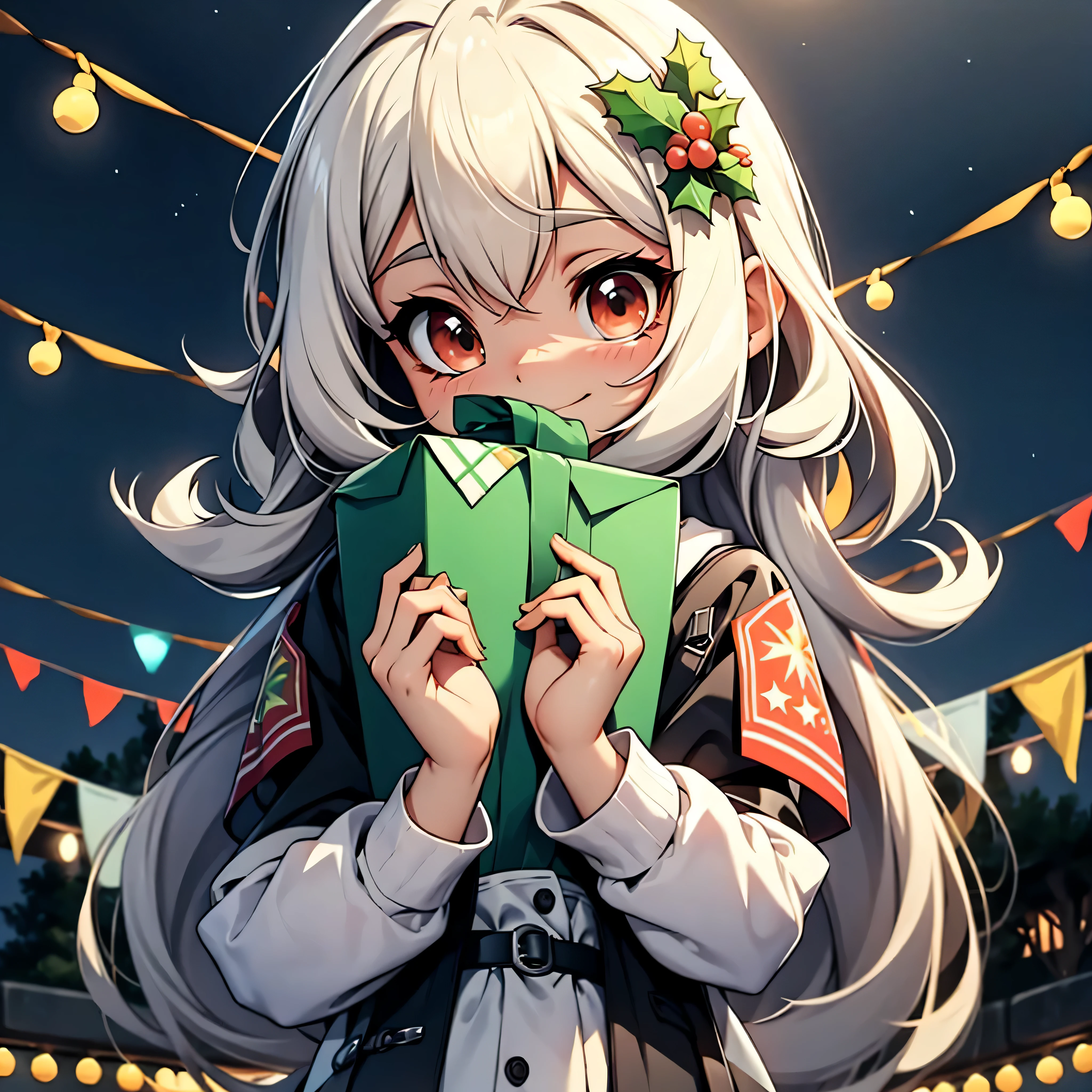 Santa Claus happily carrying presents、Santa is a pretty girl、Chibi Doll、Stars in the eyes(kirakira)、Laugh、Cute red shoeoco crisp, Ultra Detail, radiant light、bio luminescent、A large flag flutters in the background、Fire Emblem on the flag、Stronger bokeh effect --s 1000 --c 20 --q 20