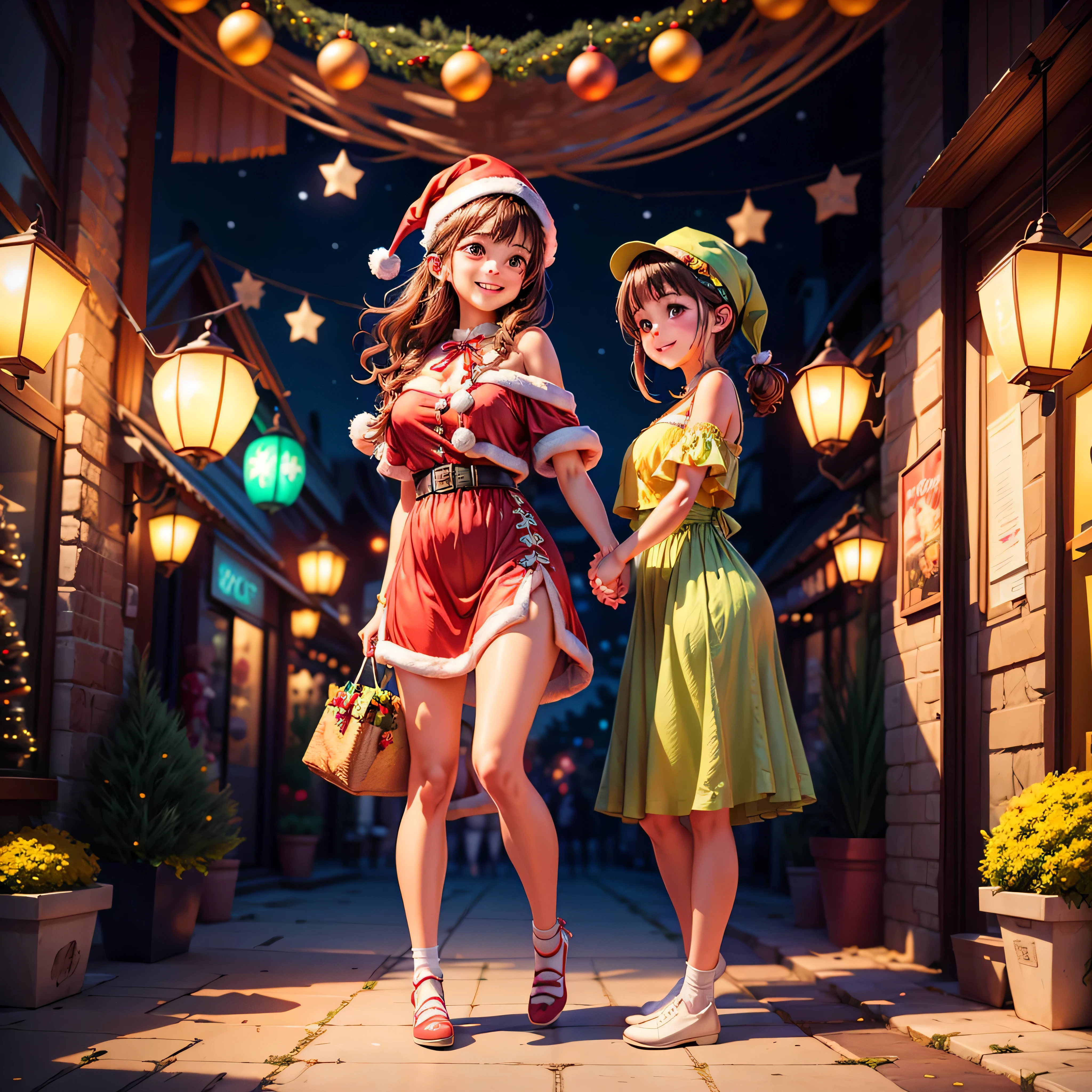 (((Vector illustration style))),Vibrant colors, magical ambiance, Whimsical, Sparkling, Fantasy Christmas World,vibrant with colors, vivd colour, Magical atmosphere, Whimsical, Sparkling,Fantasy Christmas World,Inside the Christmas mall,The huge Christmas tree hung with lights、pompon、Christmas socks,Christmas pendants,Piles of gifts placed under the tree。A young couple and a admire the Christmas decorations in the mall,Surrounded by performers in Santa Claus costumes and Santa Claus statues。The Christmas mall like a fairy tale world,full of magic, (Ghibli-like colours, pov, first-person view, accurate, anatomically correct, super detail, high details, high quality, award winning, best quality) 🎈🍦🍹❤🔆🕡(😘👩🎀👗⚜👒🥿👡🩲💅)🎪🎢🎡🎠 ultra_high-def ultra_Photo-realistic optimal ultra_high-quality opengl-shaders ultra_high-details accurate reflex ultra_high-res perfection volumetric lightning improved Octane_rendues UHD XT3 DSLR HDR 3dcg shadow analogiques extatiques symmetrical beholder sundrop Cinematic_sunlight UnrealEngine5 Ultra Masterpiece deep path Equirectangular_360 varied multi etc. --s 1000 --c 20 --q 20