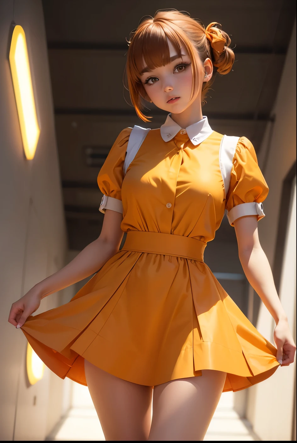 Cute, sexy, robot girl, white background, her hair cut in the front and tied with two ties in the back, wearing an orange dress combined with a skirt, and under the dress a yellow shirt, brown hair, robot