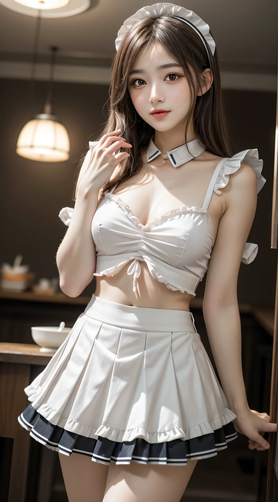 (1young girlrown hair, Amazing face and eyes, Pink eyes, seducting smile, (Maid café costume with frills, Pleated mini-skirt:1.5), (Wide open maid cafe costume:1.2), bared  chest, (amazingly beautiful girl), Brown hair, Stylish hair ornamen Quality:1.4), (Ultra-detailed), (extremely detailed CG unified 8k wallpaper), Highly detailed, High-definition raw color photos, Professional Photography, depth of fields, (View from below),
