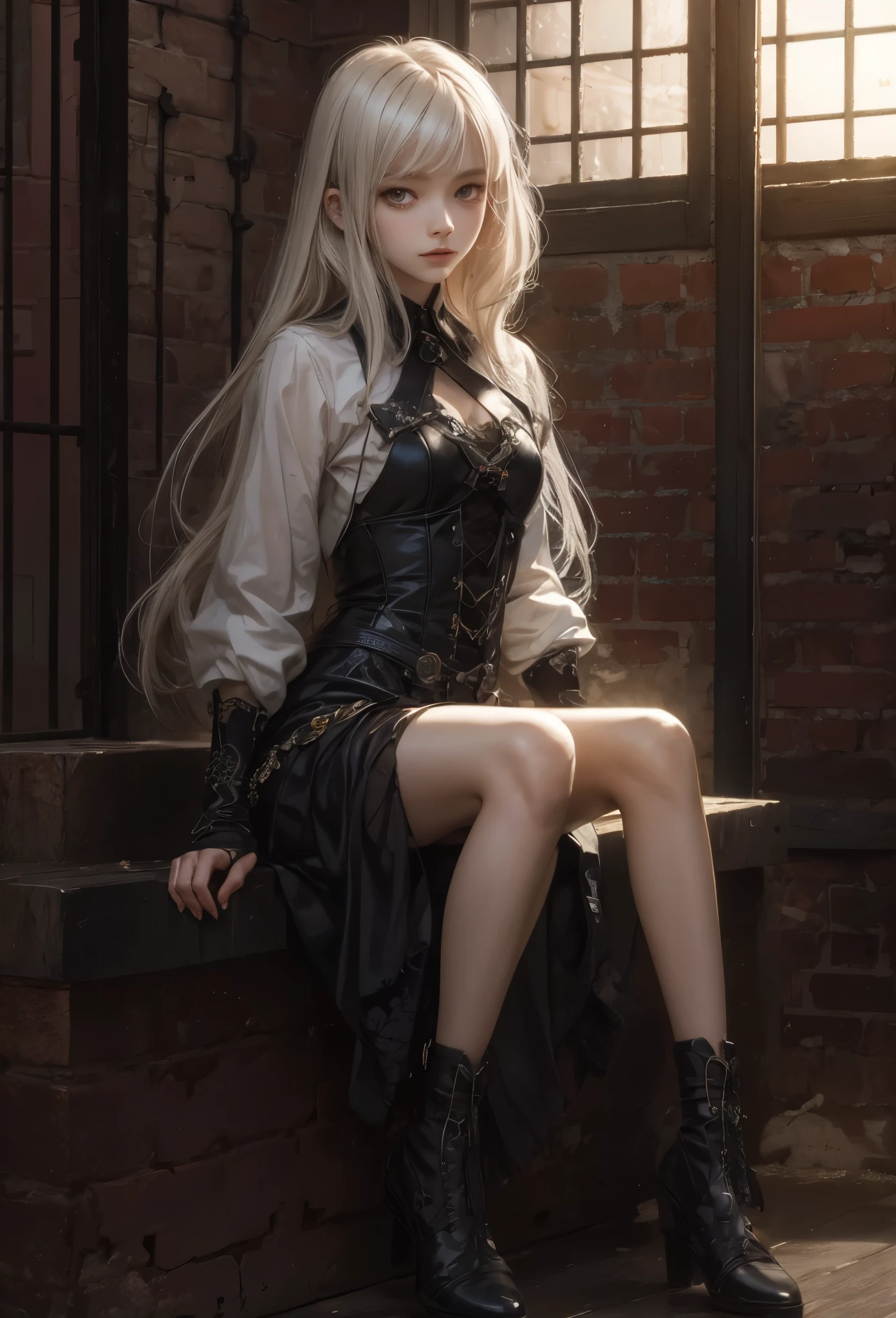 (Detailed illustrations,Very detailed and detailed drawing,Delicate lines with slow and rapid,Realistic texture expression),[Color tressed main line],dim room[prison[Walls and ceilings with exposed bricks that have deteriorated over time]],(japanes(Very Beautiful  Girl)[14year)silber hair (bony and thin body[morbid]SKINNY),[leather [Bondage Fashion],Vampire,(Fine and beautiful skin expression [Transparency]),[完璧な目のdetaileds (Iris beautifully drawn in every detail)[Jewel-like eyes]],[long and beautiful eyelashes],[Meticulously drawn hair],(完璧な手のdetaileds [Beautiful fingers without breakdowns [Beautiful nails]]),(Perfect Anatomy(Perfectly proportioned))[[Full body like]],[Ideal color coordination(Accurate simulation of light-material interactions)],([Precision Detail](detaileds,high-detail)),[[Pale and gentle colors]][Visual art that conveys a sense of narrative] [[Eros in the Natural Body]].