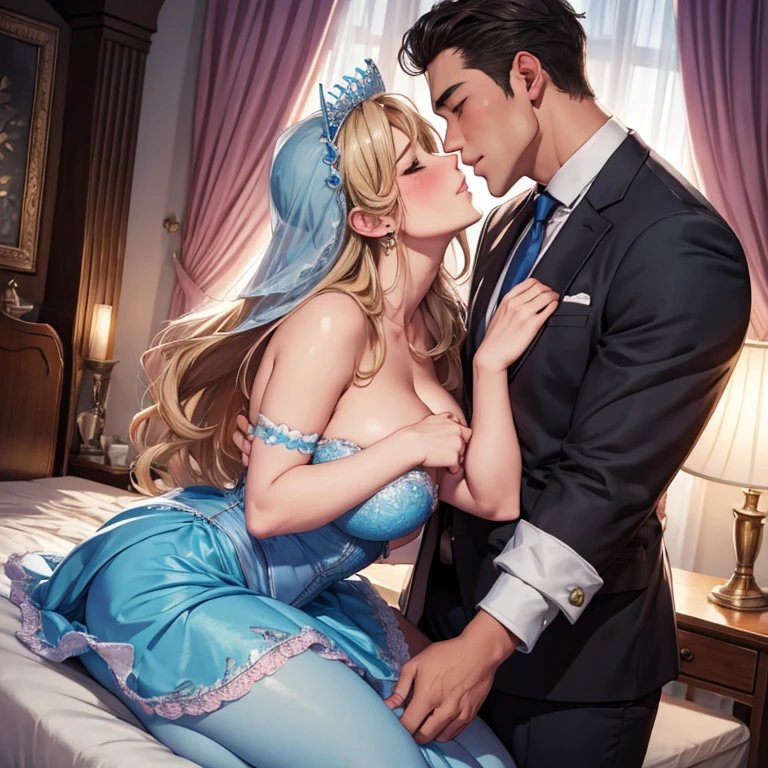Embarrassed blushing sexy Cinderella passionately kisses a handsome man, handsome man kisses Cinderella passionately