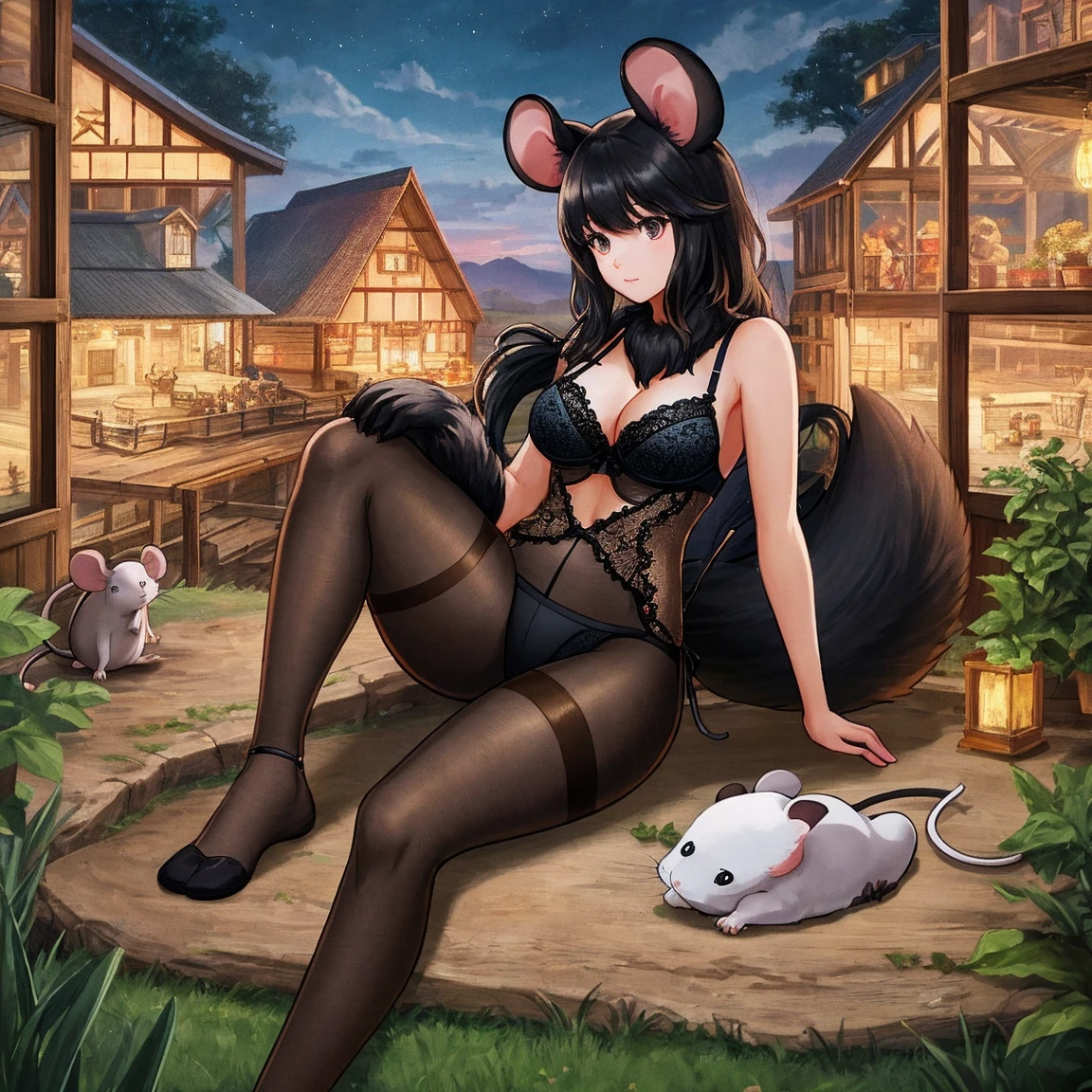 mouse, split lingerie, lace, black pantyhose, furry, (humanoid mammal: 1.3), mouse, white fur, mouse ears, rat tail, female curves, sexy, farm background, vibrant details, luxurious, elegant, beautiful background, best quality, masterpiece, very delicate and beautiful., very detailed, CG, wallpaper, amazing, fine details, best quality, official art, very detailed, full body photo, Illustrations, 4k