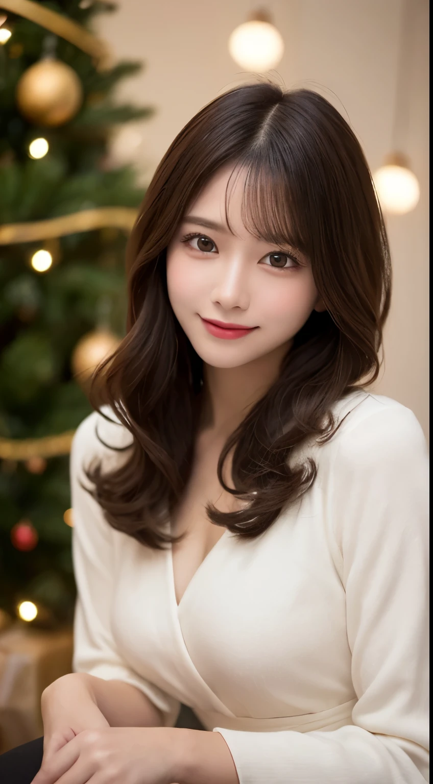 masutepiece, Best Quality, Illustration, Ultra-detailed, finely detail, hight resolution, 8K Wallpaper, dynamic compositions, Beautiful detailed eyes, Very gorgeous and elegant luxury dress winter clothes,Medium Hair,Small breasts natural color lip, Bold sexy poses,Smile、20 years girl、Cute、Sexy shot looking at camera,Midnight,beautifull detailed face,Classy face,Perfect and beautiful face,Slim face and body,Blur the background,Gorgeous and glamorous Christmas party venue,、Christmas tree on background