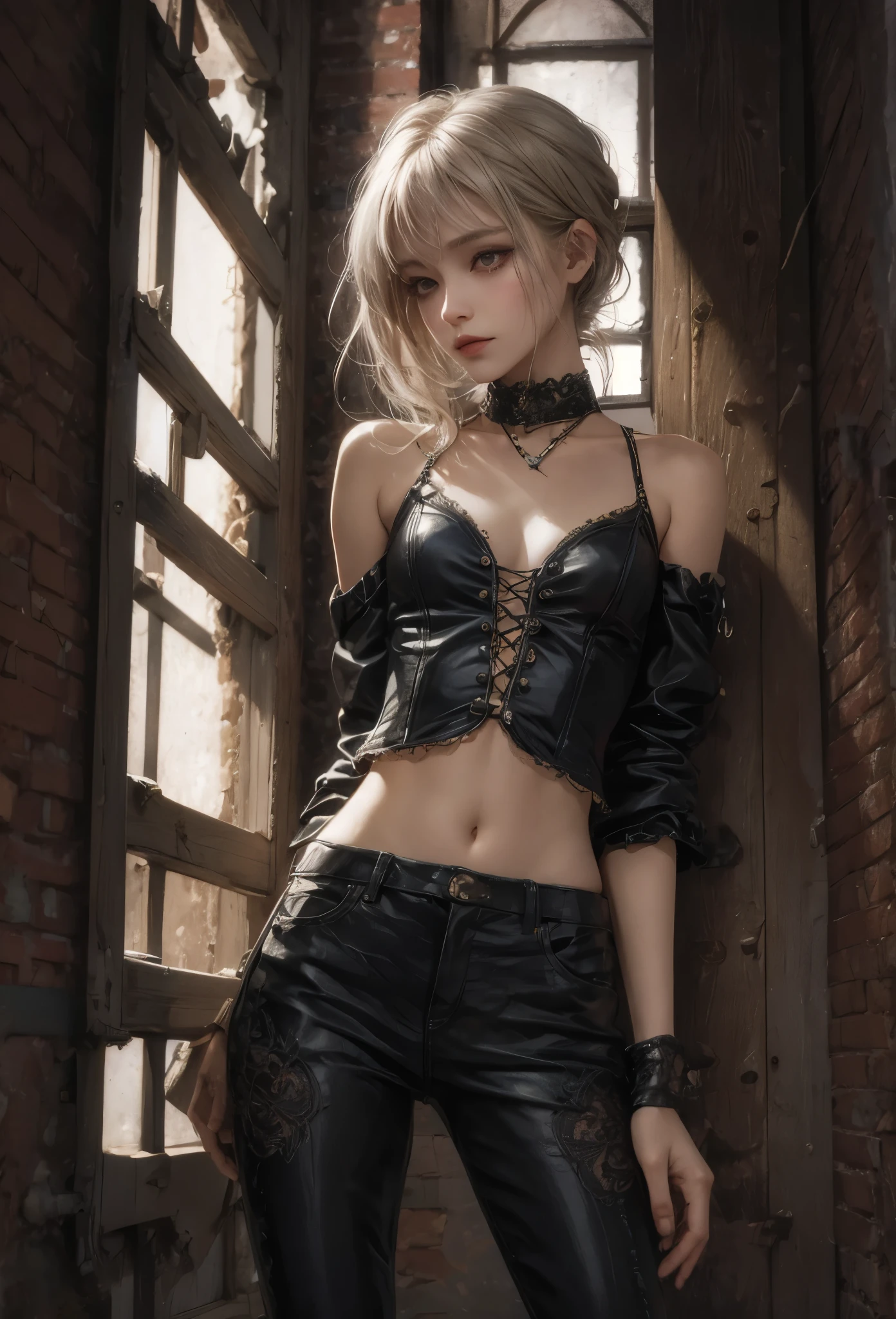 (Detailed illustrations,Very detailed and detailed drawing,Delicate lines with slow and rapid,Realistic texture expression),[Color tressed main line],dim room[prison[Walls and ceilings with exposed bricks that have deteriorated over time]],(japanes(Very Beautiful )[14years])silber hair (bony and thin body[morbid]SKINNY),[leather [Bondage Fashion],Vampire,(Fine and beautiful skin expression [Transparency]),[完璧な目のdetaileds (Iris beautifully drawn in every detail)[Jewel-like eyes]],[long and beautiful eyelashes],[Meticulously drawn hair],(完璧な手のdetaileds [Beautiful fingers without breakdowns [Beautiful nails]]),(Perfect Anatomy(Perfectly proportioned))[[Full body like]],[Ideal color coordination(Accurate simulation of light-material interactions)],([Precision Detail](detaileds,high-detail)),[[Pale and gentle colors]][Visual art that conveys a sense of narrative] [[Eros in the Natural Body]].
