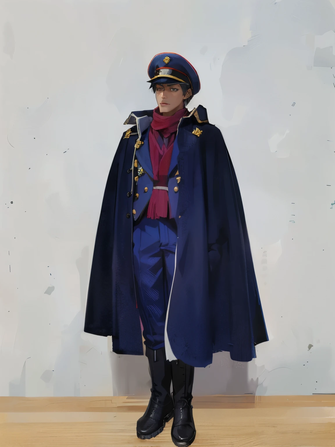 Soviet officer,Blue by Capelet,blue military cap,Large brimmed hat,Red scarf,black military boots,young male,Handsome face,offcial dress,short detailed hair