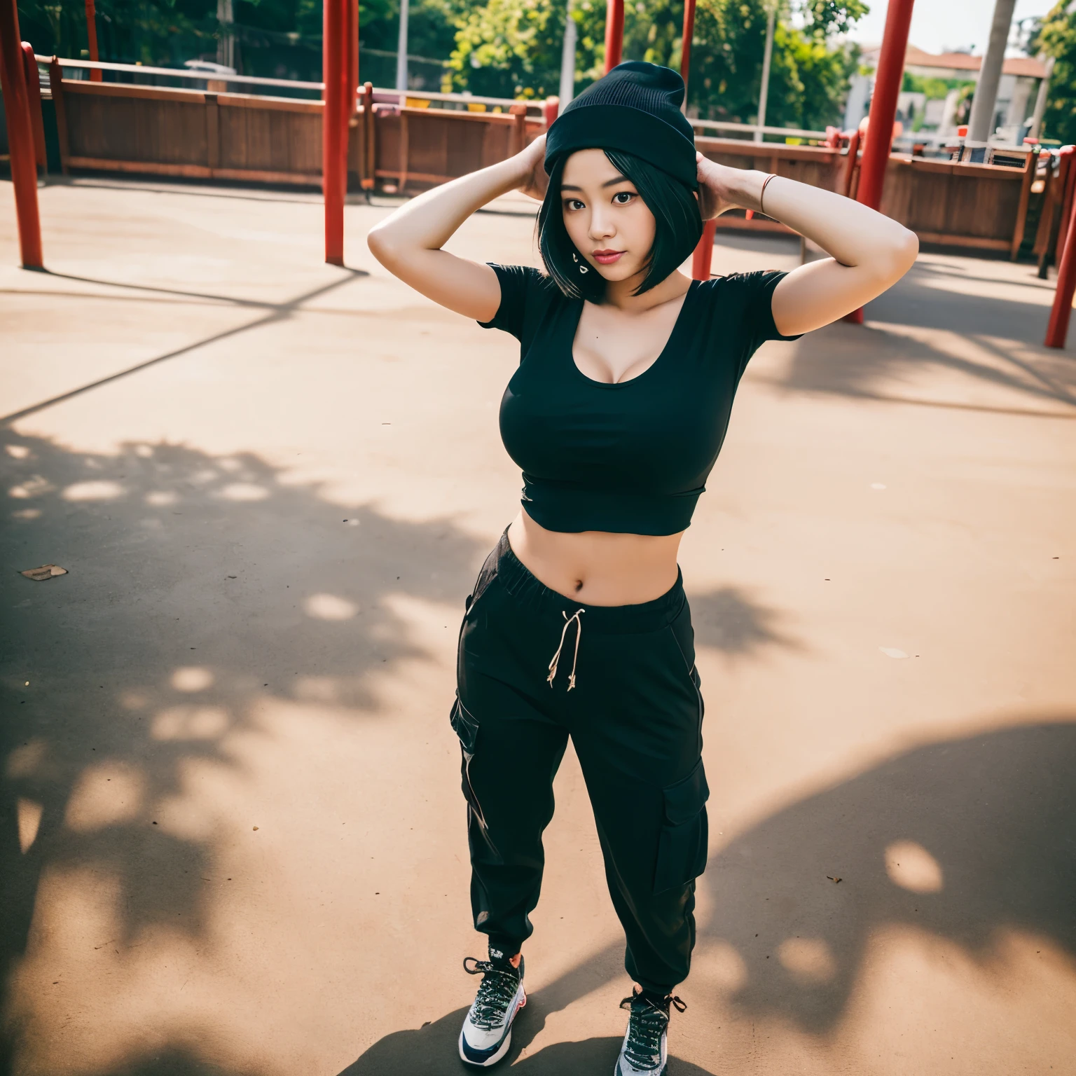 Professional, Angle camera shooting from above, realistic, High level of detail, Full body photo of 18 years old woman, korean, random Tight cargo pants, (random branded brand crop top t-shirt:1.3_MUST), (random beanie:1.3(MUST)), (glossy black hair in blunt bob:1.3), full body, Standing posing for a photo, both of hand behind the head:1.3(MUST) on a playground, photogenic pose, (random standing pose: 1.3) ,Natural light, (Attractive young woman:1.3), (seductive:1.1), (blush:1.1), round and big breasts, cleavage, bacgkround at afternoon playground in south jakarta buildings