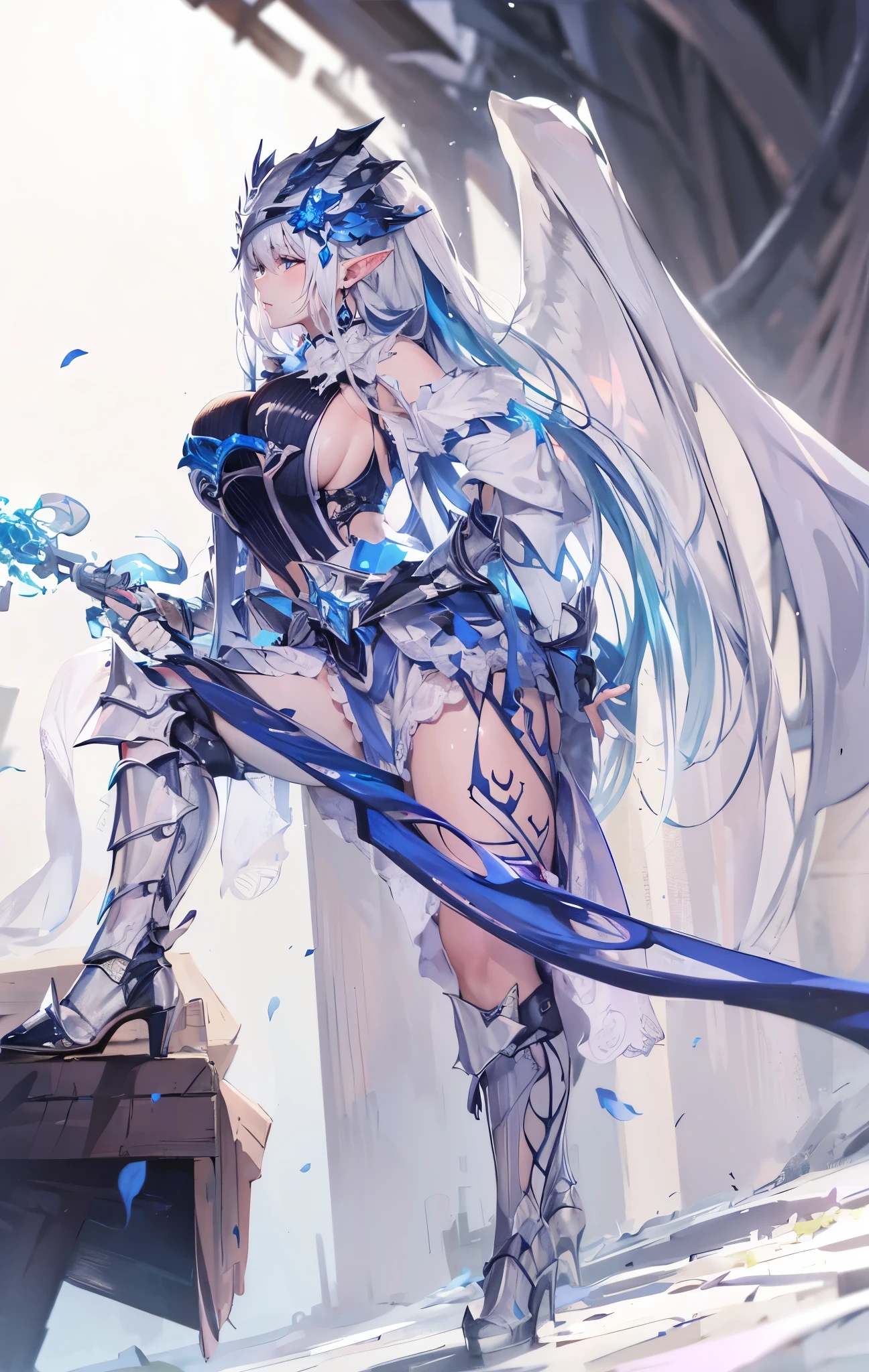 closeup cleavage,beatiful background, The world of dreams, Elf King&#39;s sister,Stretch out your left leg，step onto the platform,mature face, Long face shape,  spiny helmet, , demons, humanoid creature, longponytail, Long elven ears,Her skin is very white, White complexion, Clear  eyes, Exquisite silver-blue armor, high heels boots，disheveled black hair, black cloth, 单眼blindfolds, Broken silver blue armor，破旧的high heels boots, To know, blindfolds