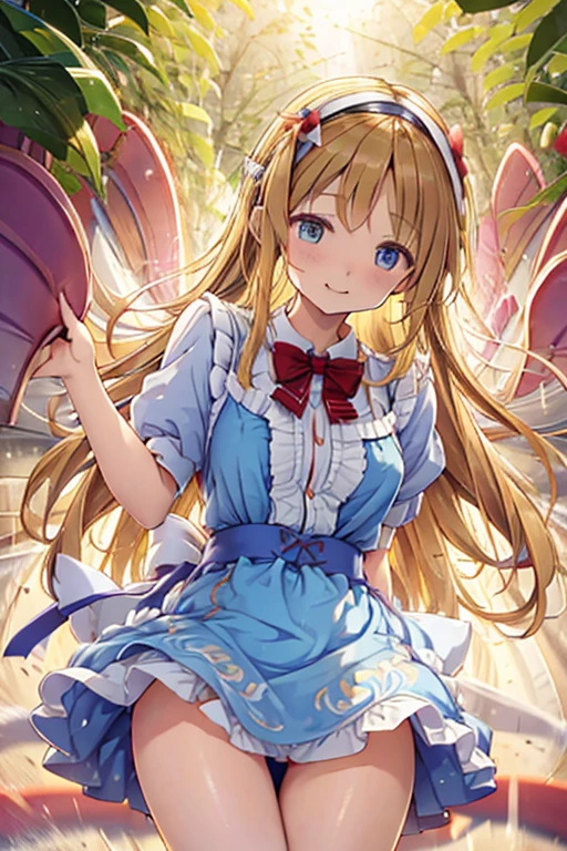 A 12 year old girl with a cute Alice in Wonderland blonde wavy headband sits naked with her legs spread wide showing her ass, anus, pussy and small nipples.。wearing an apron dress。I don't wear any underwear。A pose where you can be seen from below。are small。Pose that shows your anus。pussy and anus are spread。Spreading legs with both hands。SEX。NFSW