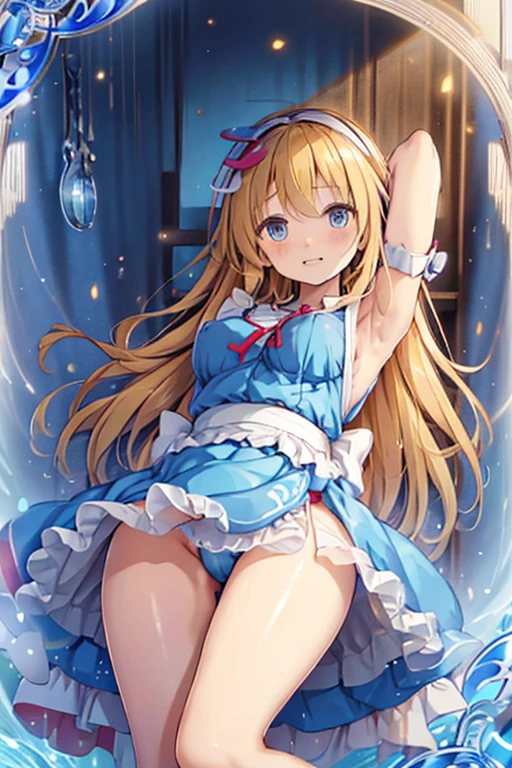 A girl with a cute Alice in Wonderland blonde wavy headband sits naked with her legs spread wide showing her ass, anus, pussy and small nipples.。wearing an apron dress。I don't wear any underwear。A pose where you can be seen from below。are small。Pose that shows your anus。pussy and anus are spread。Spreading legs with both hands。SEX。NFSW