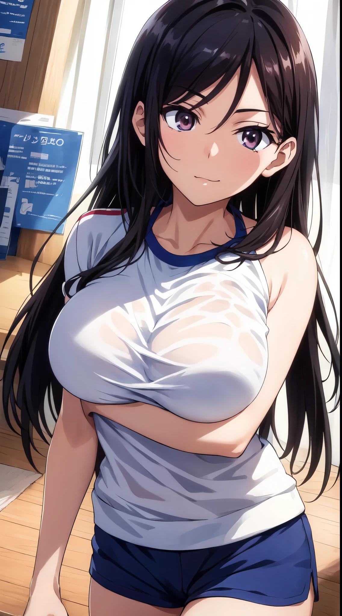 (​masterpiece:1.5),Anime Character,very precise details,Ultra High Resolution,the Extremely Detailed CG Unity 8K Wallpapers,(Realistic,Photorealsitic,hyper realisitic:1.5),(Curve,Model,Farbe care:1.5),Beautiful breasts,Farbe_aberration,beautiful detailed shadow,Beautiful eyes,Beautiful body,Beautiful skin,beautifull hands,Huge breasts,(Aesthetic Anime Eyes:1.4),(Gym clothes,Blue shorts:1.4),Seductive thighs,(A dark-haired,Long straight hair:1.4),Focus on the chest,Attractive anime girl with big breasts, A seductive anime girl, Attractive anime girl with a flirtatious smile, classroom with windows, captivating anime high school student, Beautiful detailed eyes, Beautiful detailed lips,, Curve beauty, Magic lighting, in a provocative pose, Anime-style artwork, Bright Farbe and Farbe style, Marine Kitagawa Fan Art, Teasing smile, surreal atmosphere, Ethereal Atmosphere,