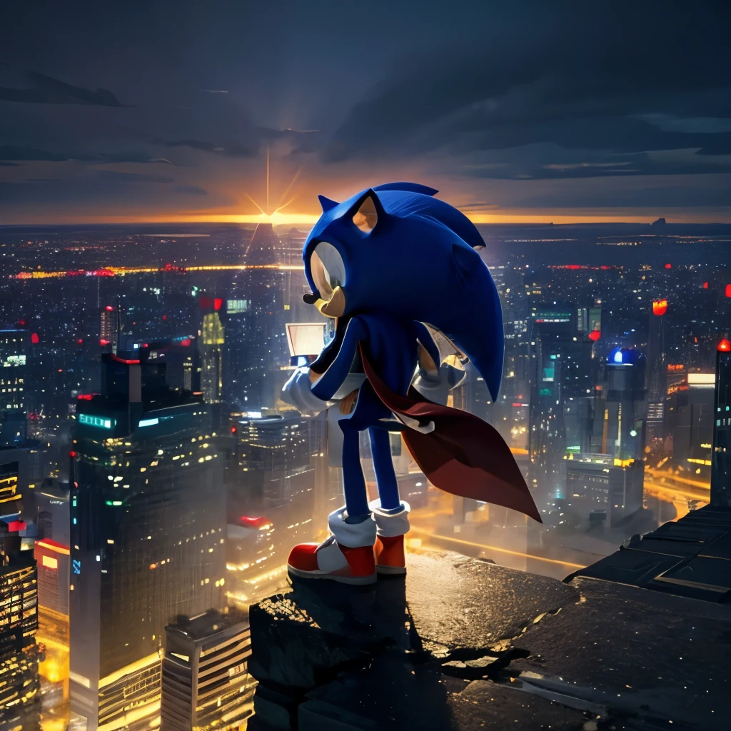 sonic。wearing a cloak。There is fog in the city。watching the city from a distance。puddle is reflecting。the city in the evening。